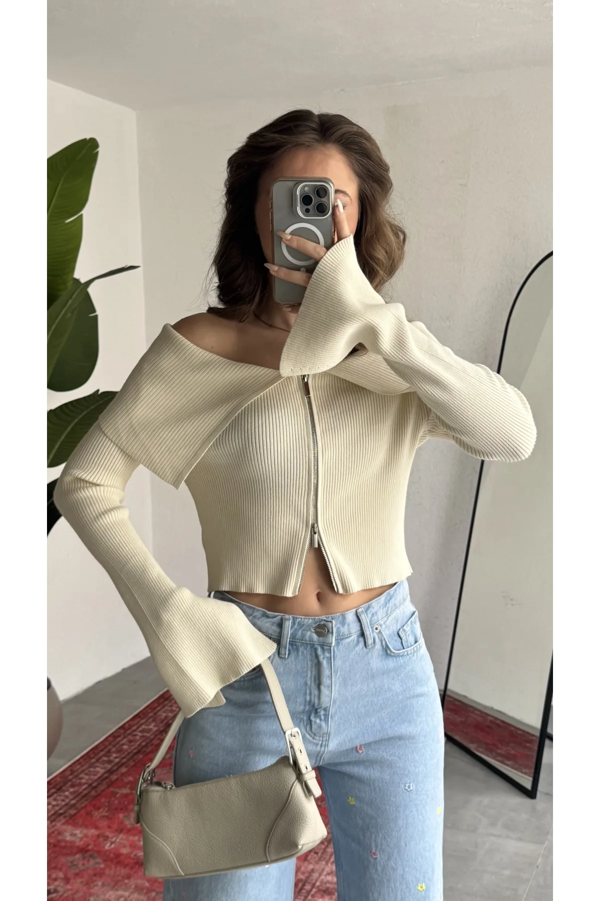 Kadın Krem Fitilli Triko Hırka Çift Fermuarlı Madonna Yaka Basic Şık Uzun Kollu