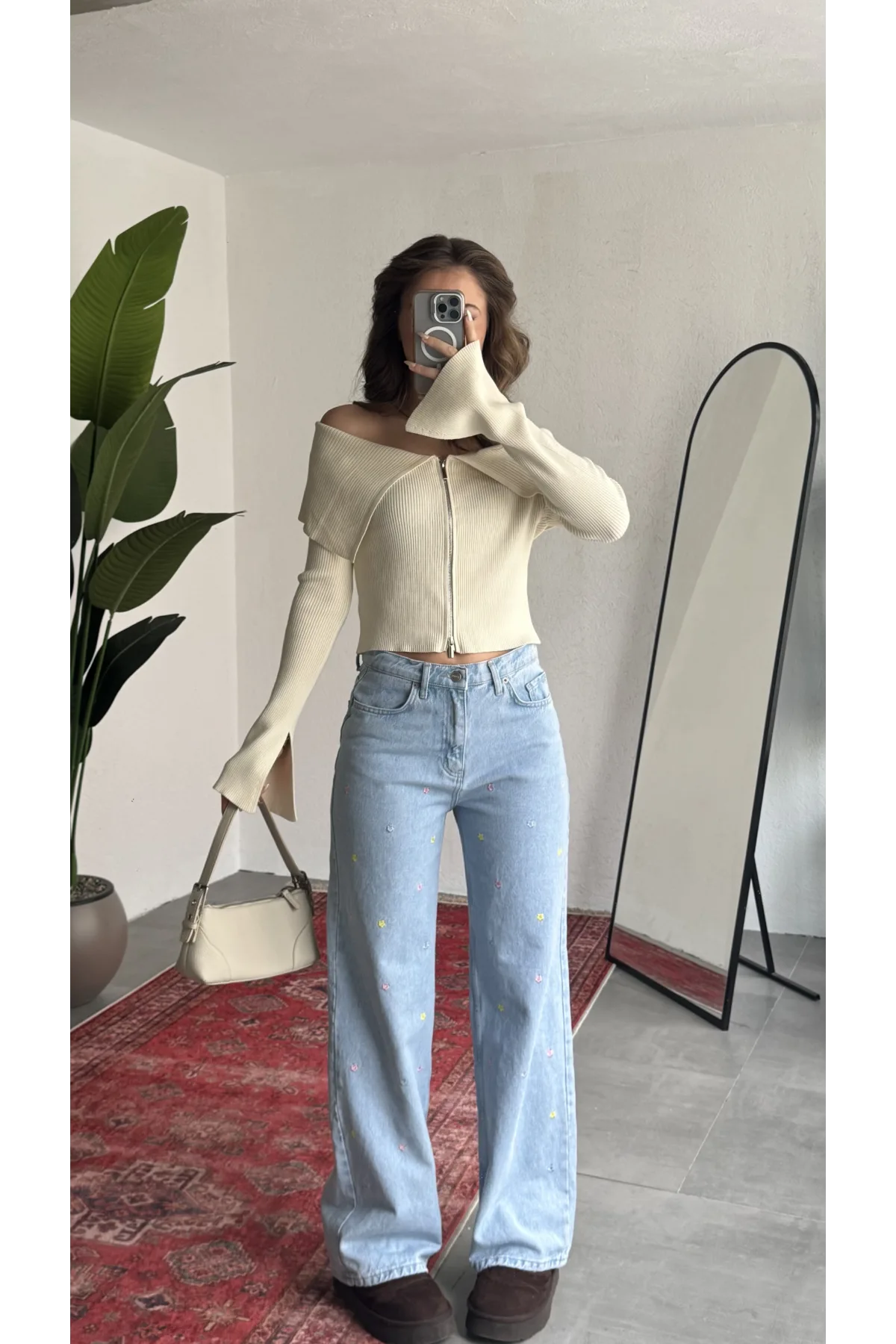 Kadın Krem Fitilli Triko Hırka Çift Fermuarlı Madonna Yaka Basic Şık Uzun Kollu