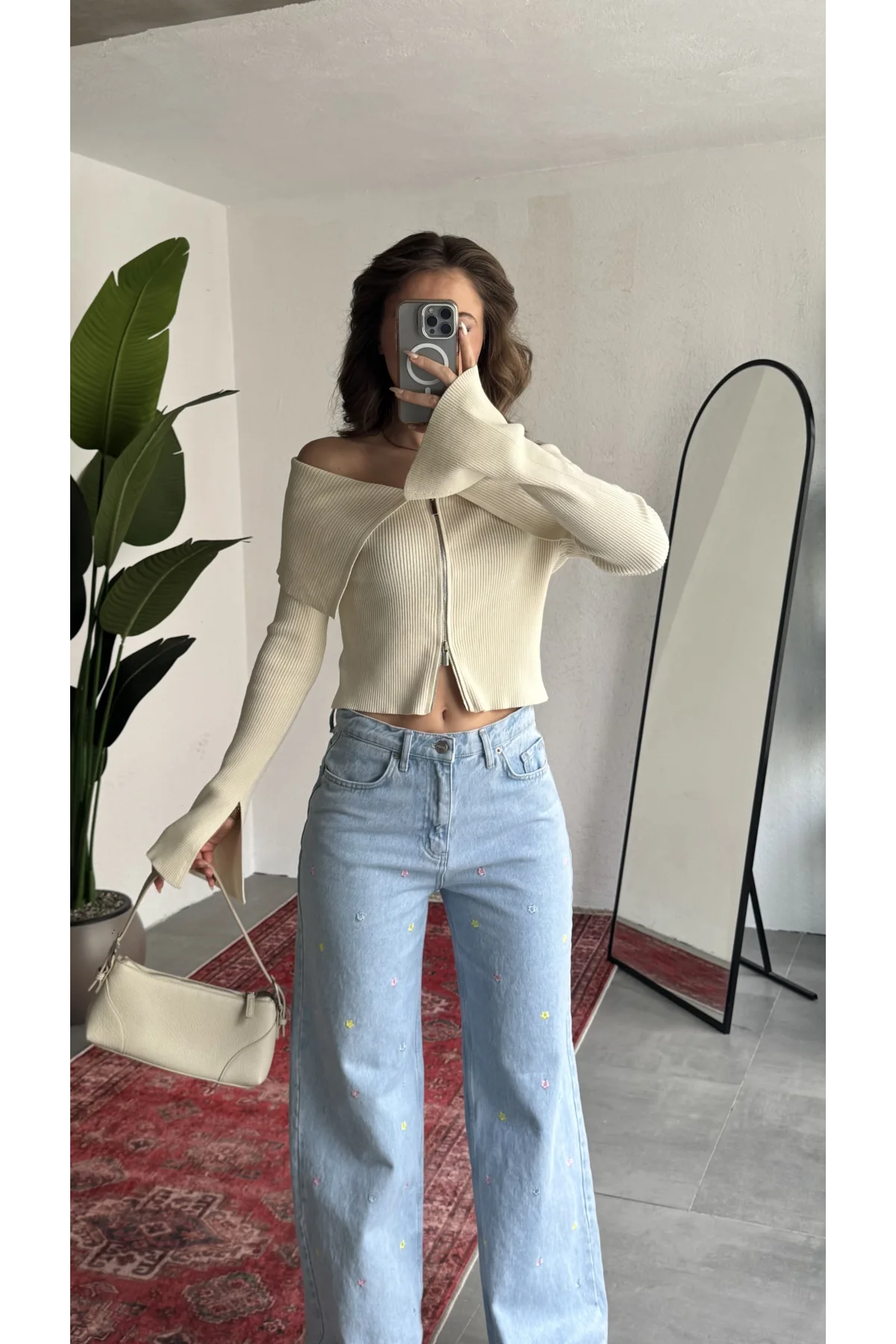 Kadın Krem Fitilli Triko Hırka Çift Fermuarlı Madonna Yaka Basic Şık Uzun Kollu