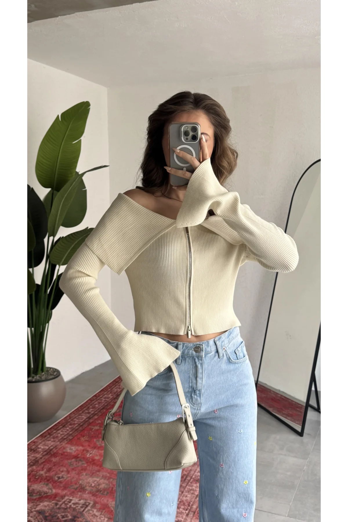 Kadın Krem Fitilli Triko Hırka Çift Fermuarlı Madonna Yaka Basic Şık Uzun Kollu