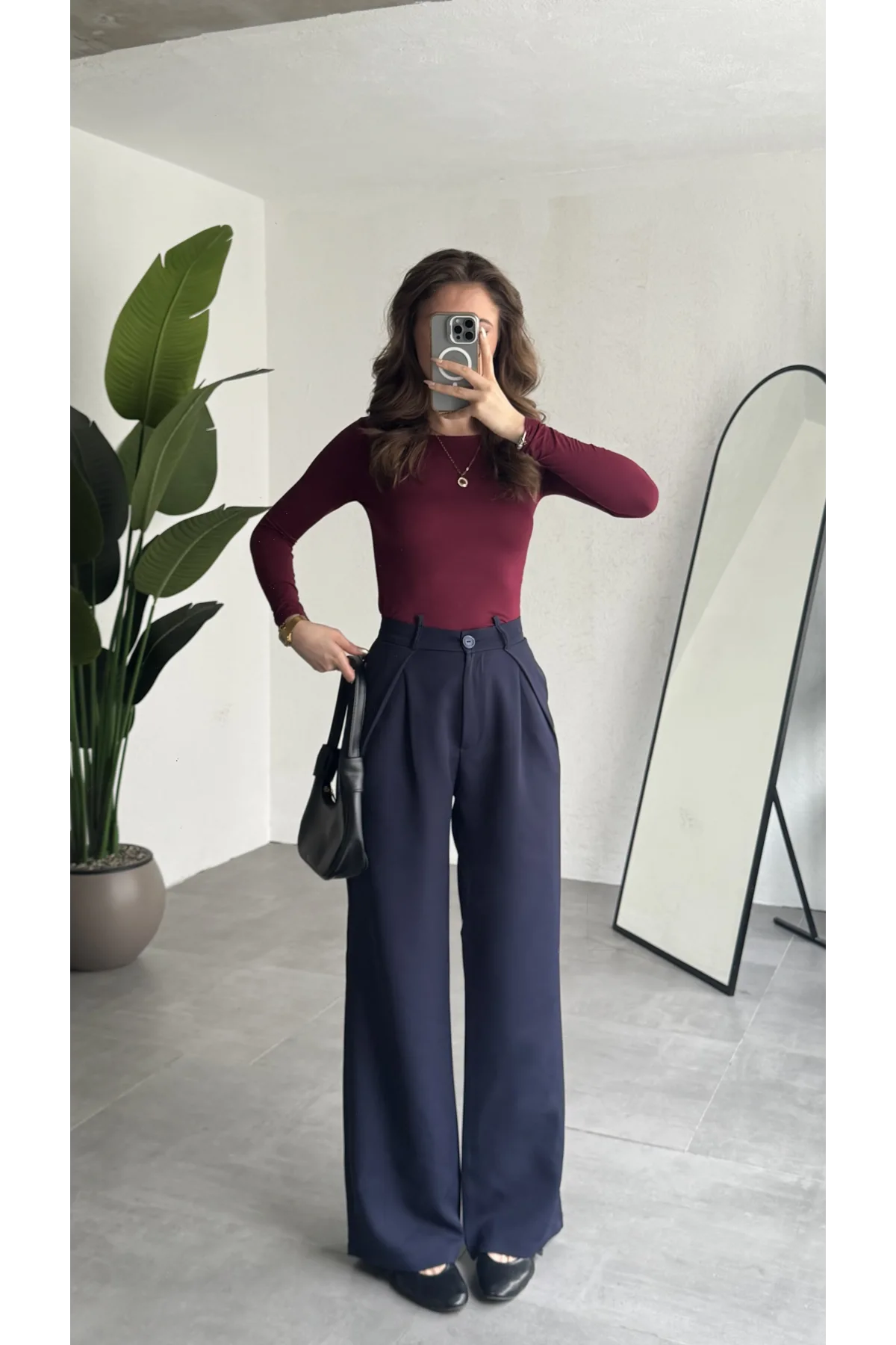 Kadın Lacivert Yüksek Bel Pileli Kumaş Pantolon Wide Leg Bol Paça Şık Ofis Palazzo