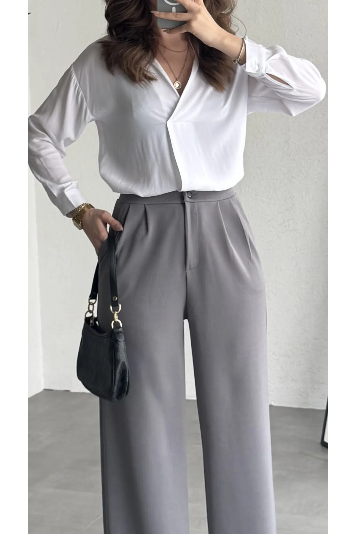 Kadın Gri Yüksek Bel Pileli Jakarlı Pantolon Bol Paça Şık Ofis Palazzo