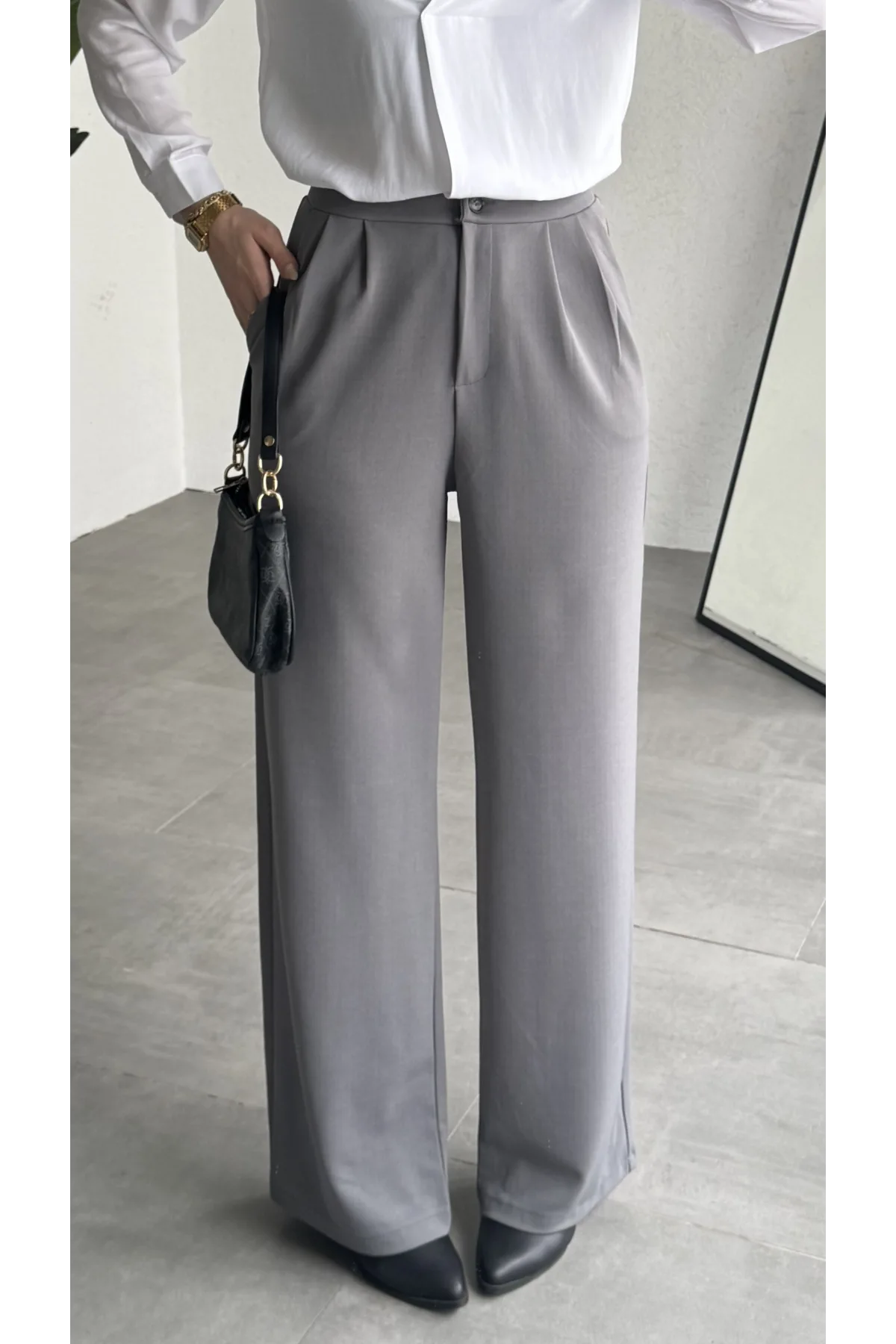 Kadın Gri Yüksek Bel Pileli Jakarlı Pantolon Bol Paça Şık Ofis Palazzo