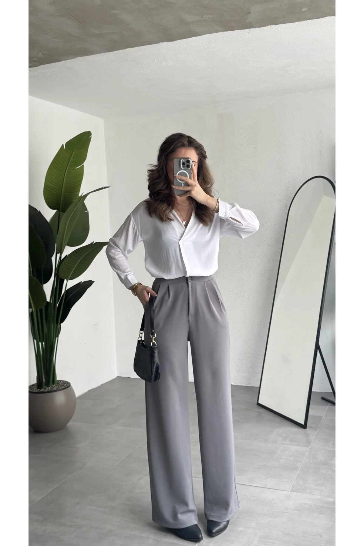 Kadın Gri Yüksek Bel Pileli Jakarlı Pantolon Bol Paça Şık Ofis Palazzo