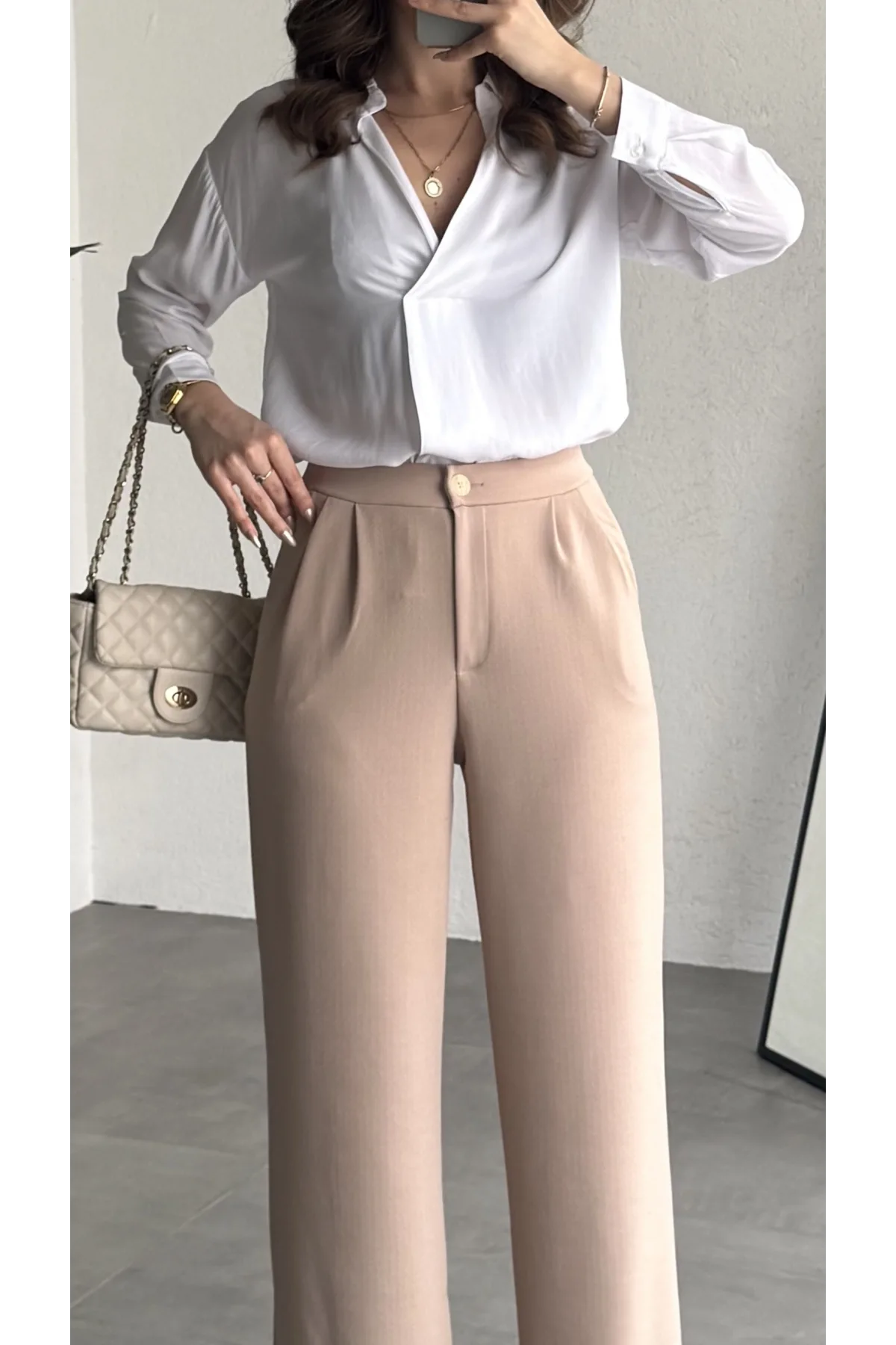 Kadın Krem Yüksek Bel Pileli Jakarlı Pantolon Bol Paça Şık Ofis Palazzo