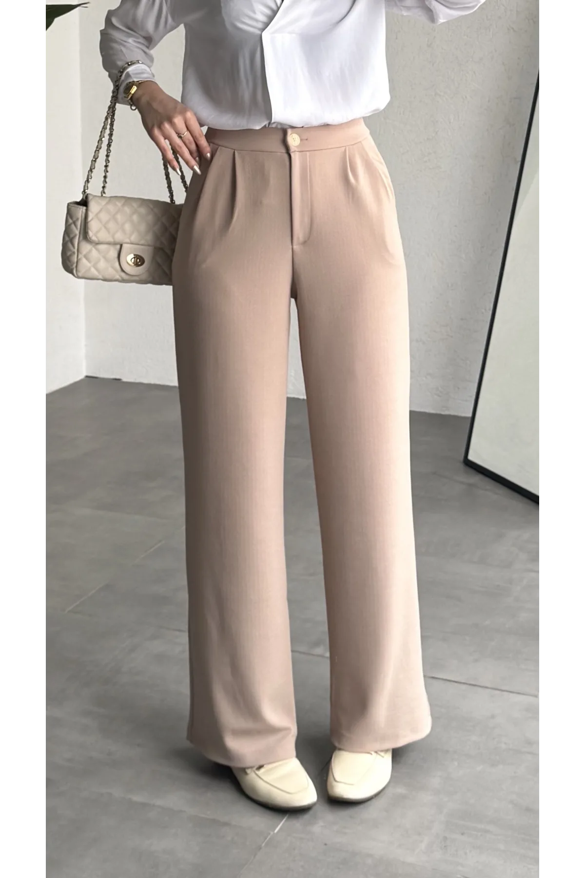 Kadın Krem Yüksek Bel Pileli Jakarlı Pantolon Bol Paça Şık Ofis Palazzo