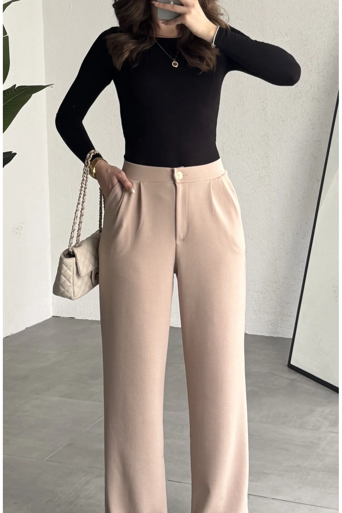 Kadın Krem Yüksek Bel Pileli Jakarlı Pantolon Bol Paça Şık Ofis Palazzo