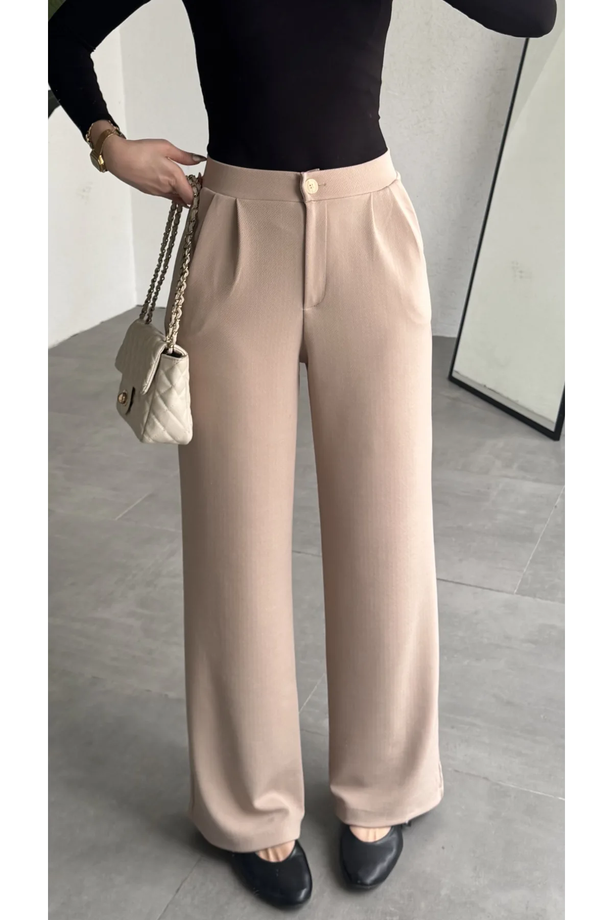 Kadın Krem Yüksek Bel Pileli Jakarlı Pantolon Bol Paça Şık Ofis Palazzo