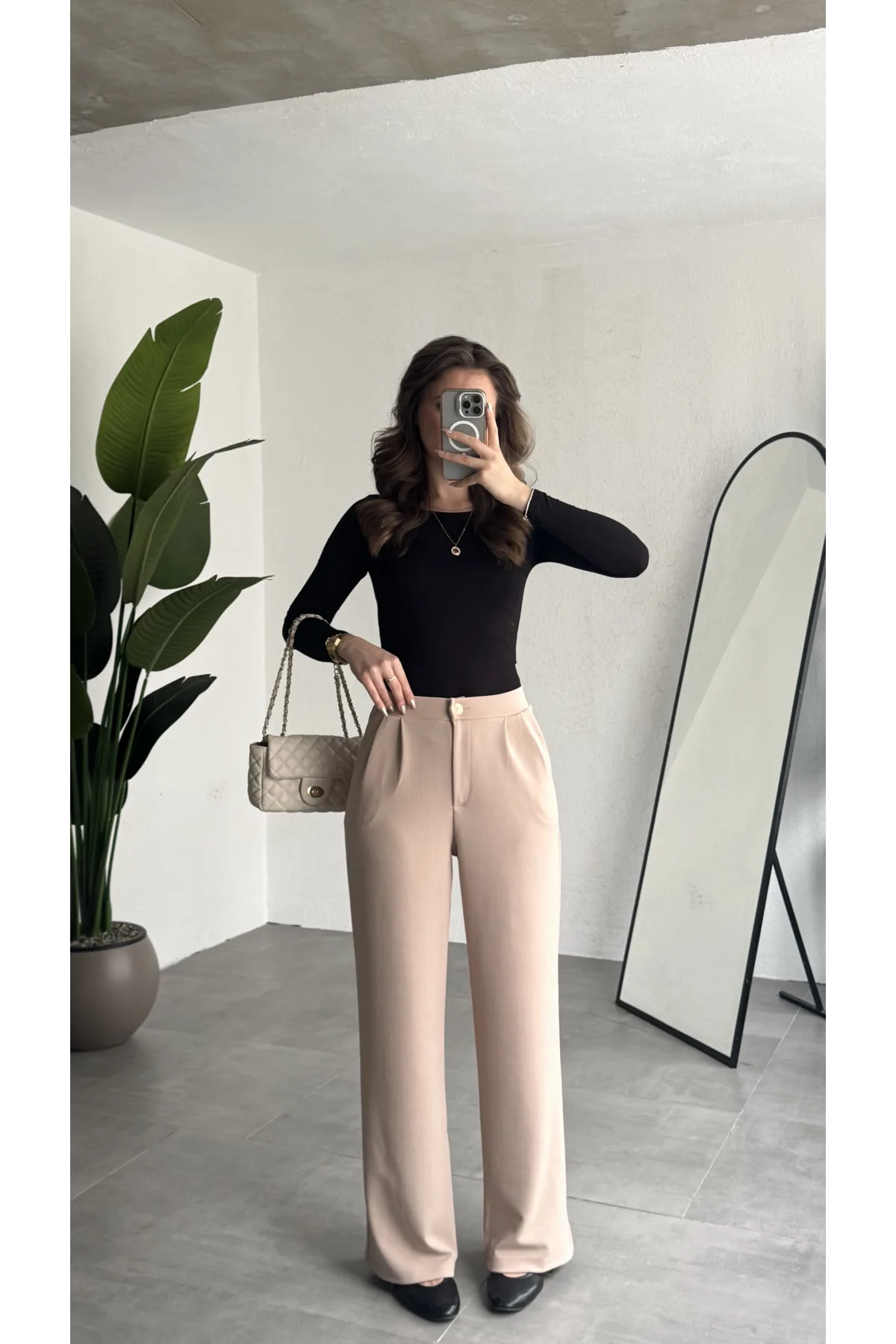 Kadın Krem Yüksek Bel Pileli Jakarlı Pantolon Bol Paça Şık Ofis Palazzo