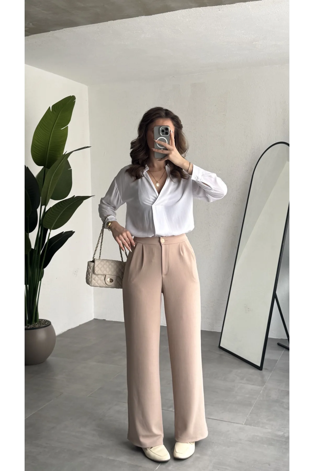 Kadın Krem Yüksek Bel Pileli Jakarlı Pantolon Bol Paça Şık Ofis Palazzo