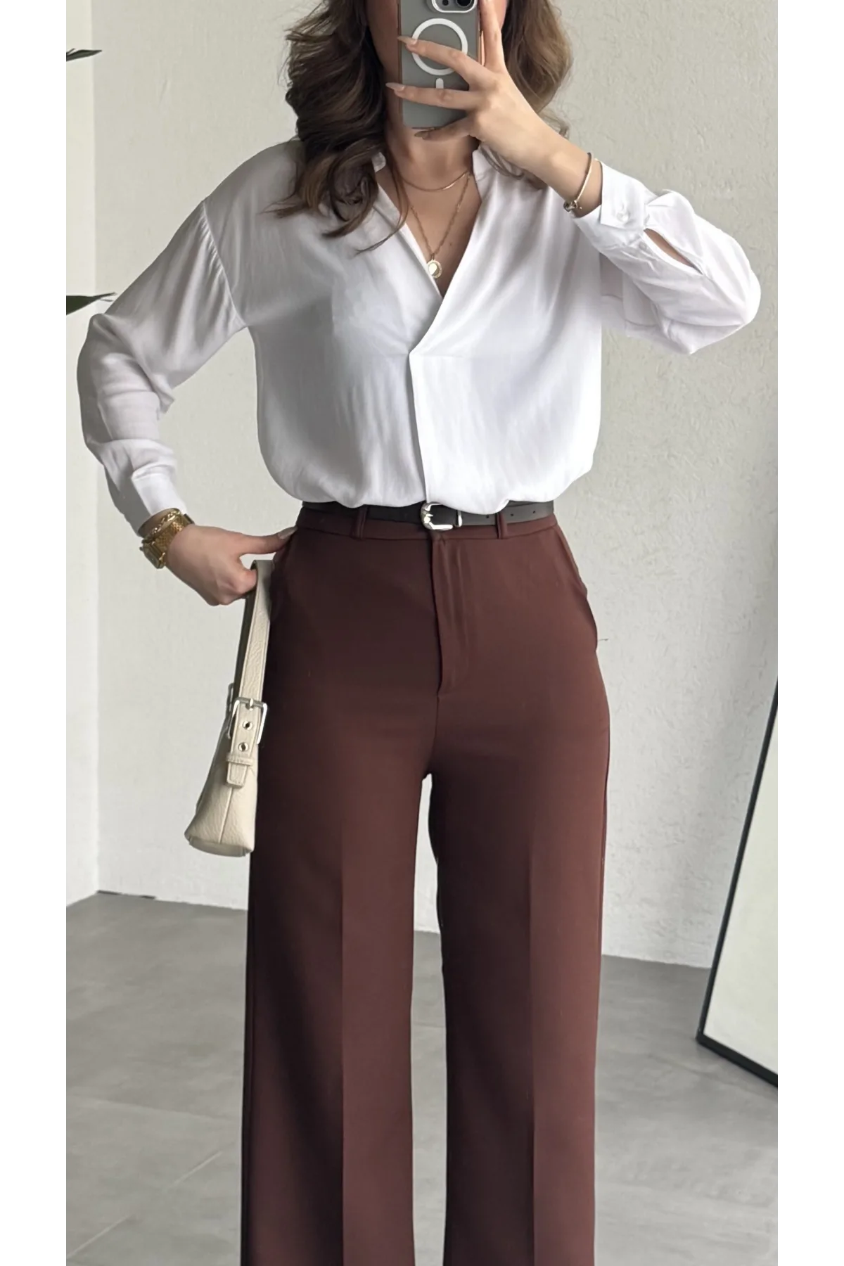 Kadın Kiremit Tam Kalıp Bel Oturtmalı Geniş Paça Palazzo Pantolon