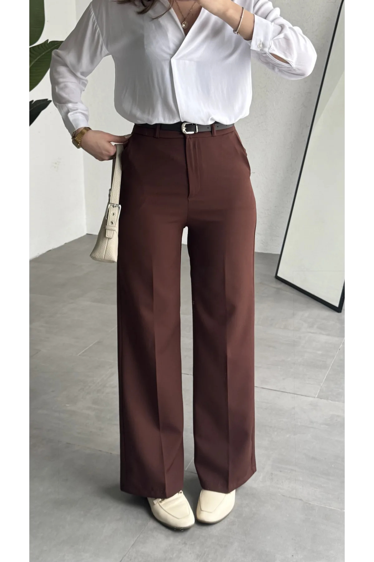 Kadın Kiremit Tam Kalıp Bel Oturtmalı Geniş Paça Palazzo Pantolon