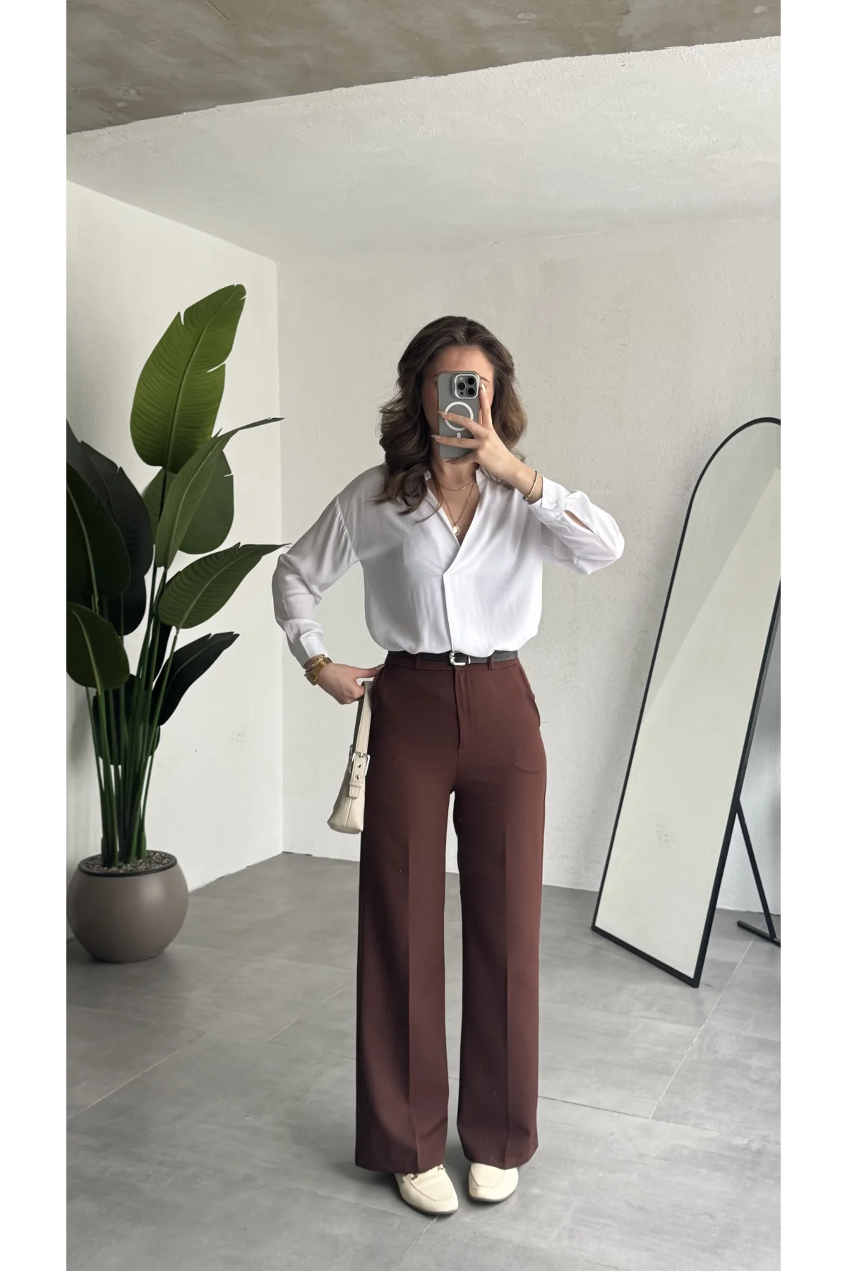 Kadın Kiremit Tam Kalıp Bel Oturtmalı Geniş Paça Palazzo Pantolon