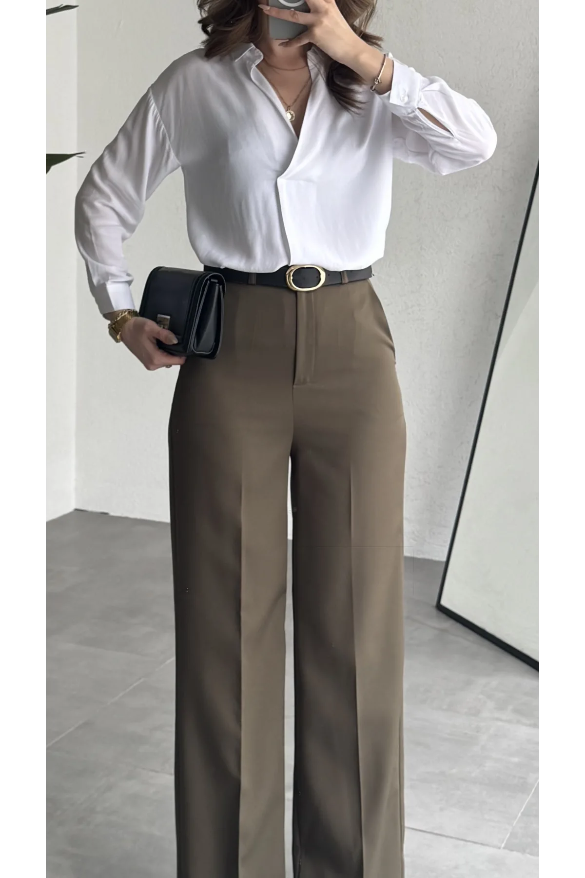 Kadın Haki Tam Kalıp Bel Oturtmalı Geniş Paça Palazzo Pantolon