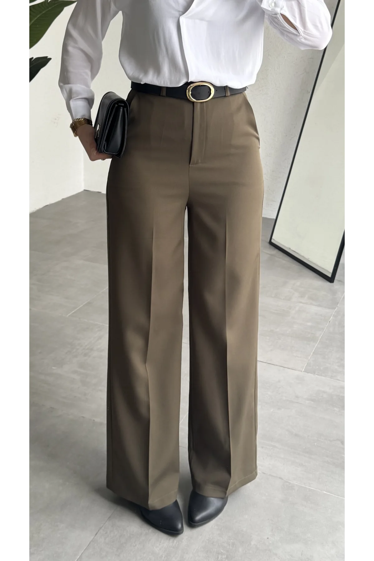 Kadın Haki Tam Kalıp Bel Oturtmalı Geniş Paça Palazzo Pantolon