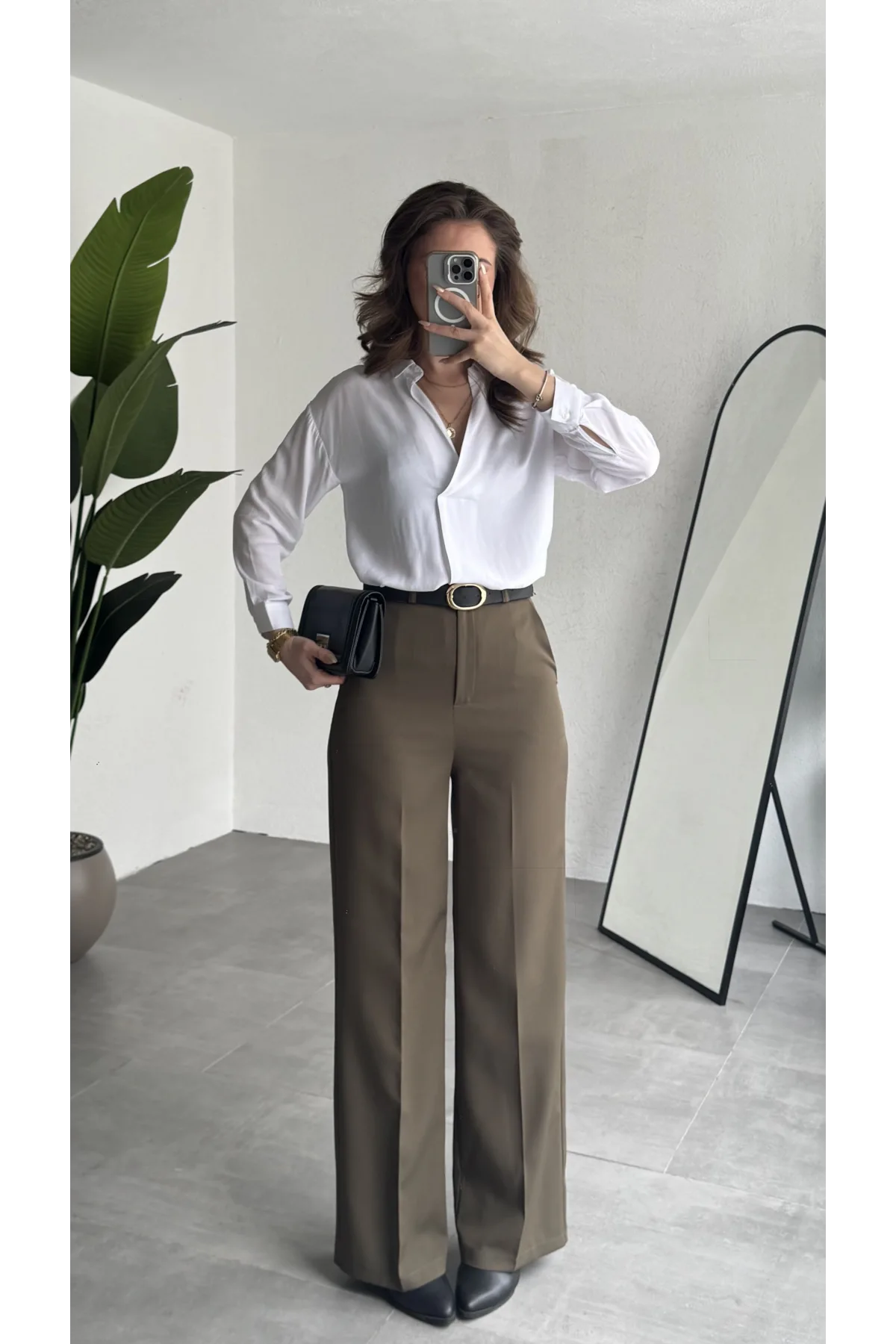 Kadın Haki Tam Kalıp Bel Oturtmalı Geniş Paça Palazzo Pantolon