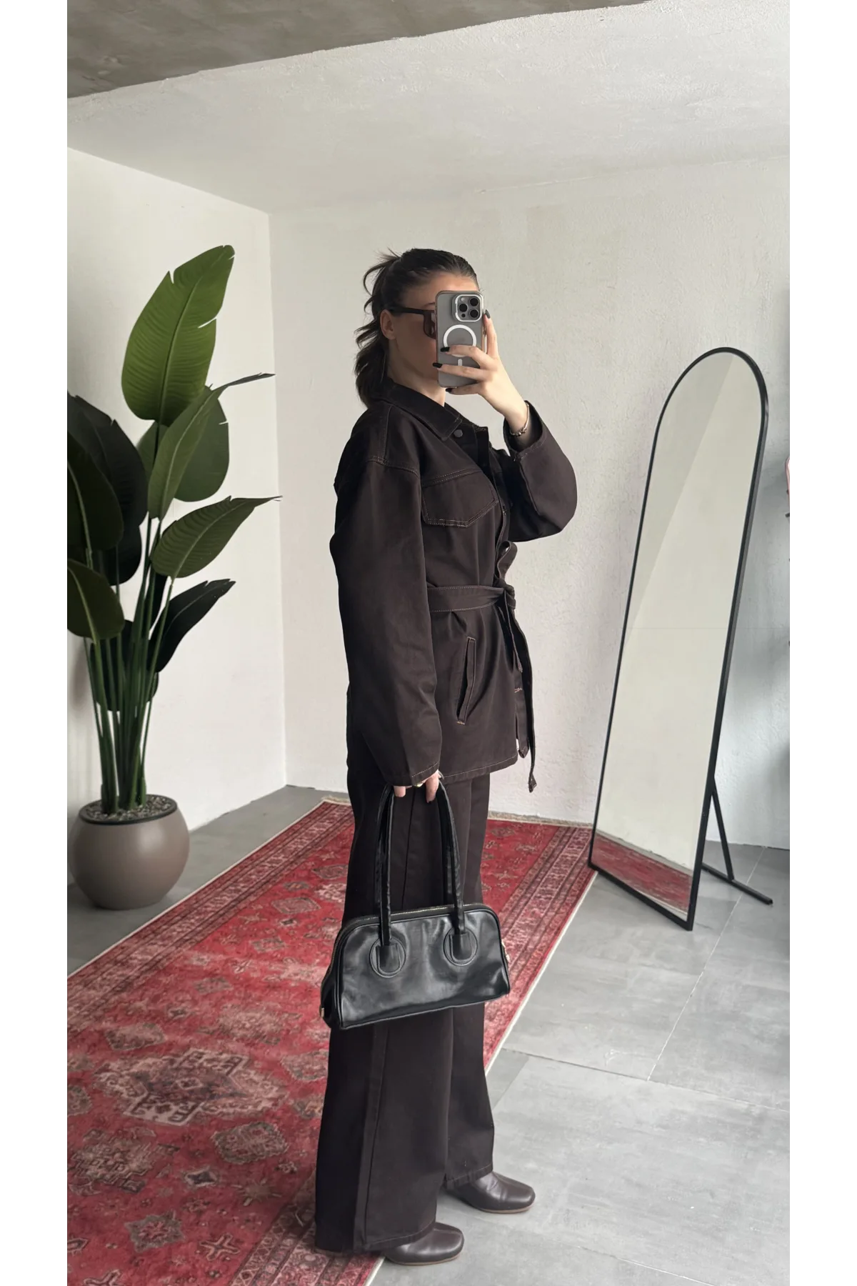 Kadın Kahve Viral Kot Takım Oversize Gömlek Wide Leg Pantolon Kemerli Jean İkili Set