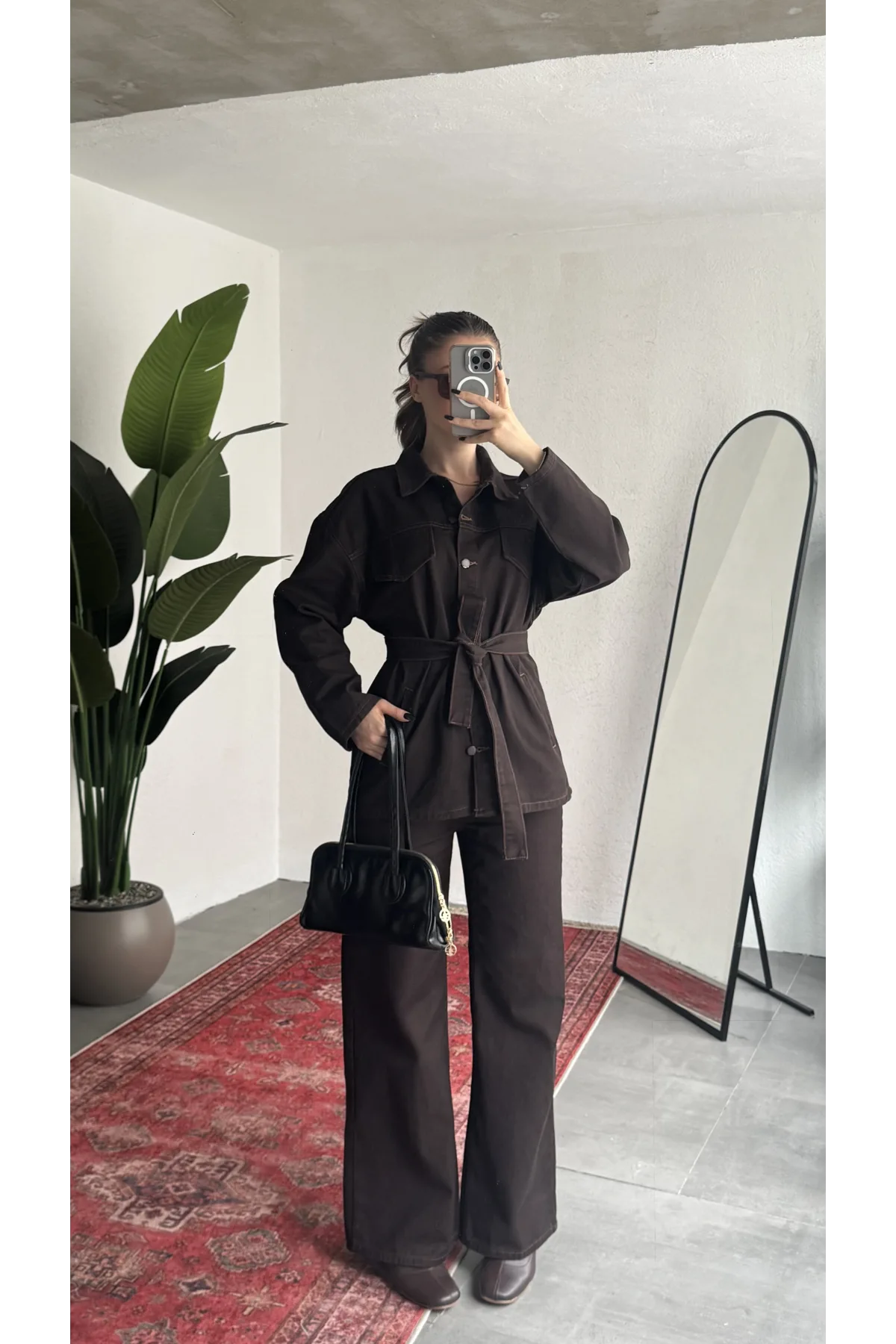 Kadın Kahve Viral Kot Takım Oversize Gömlek Wide Leg Pantolon Kemerli Jean İkili Set