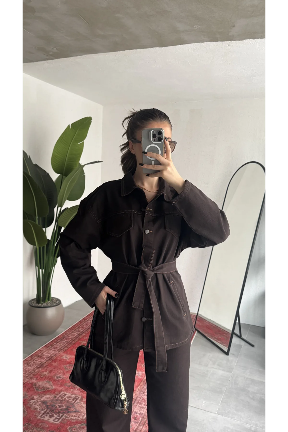 Kadın Kahve Viral Kot Takım Oversize Gömlek Wide Leg Pantolon Kemerli Jean İkili Set