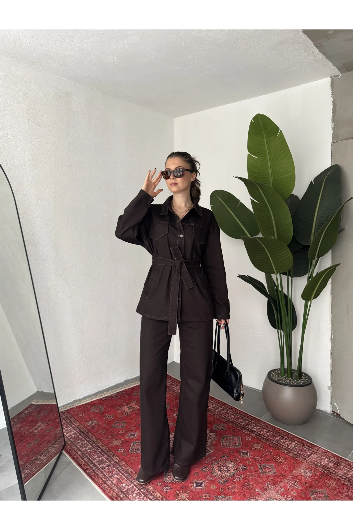 Kadın Kahve Viral Kot Takım Oversize Gömlek Wide Leg Pantolon Kemerli Jean İkili Set