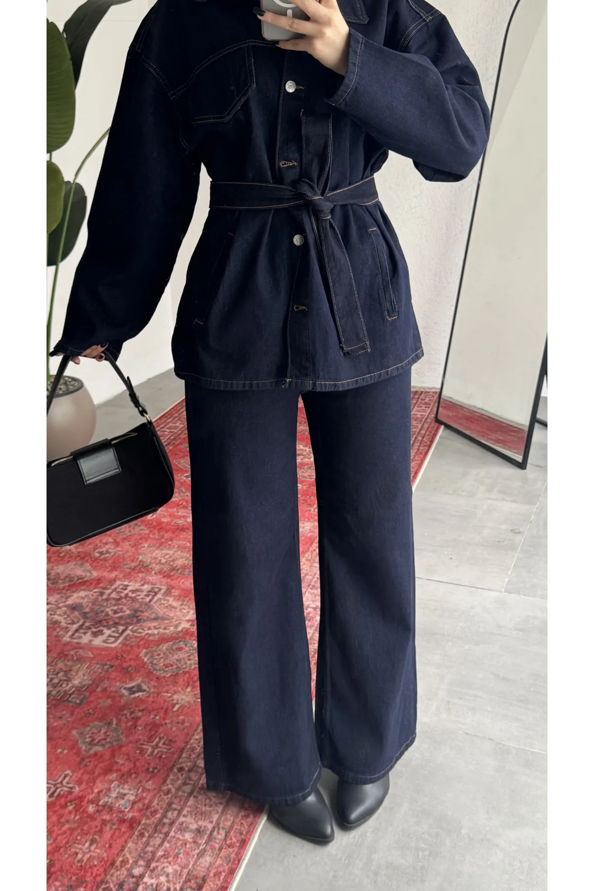 Kadın Lacivert Viral Kot Takım Oversize Gömlek Wide Leg Pantolon Kemerli Jean İkili Set