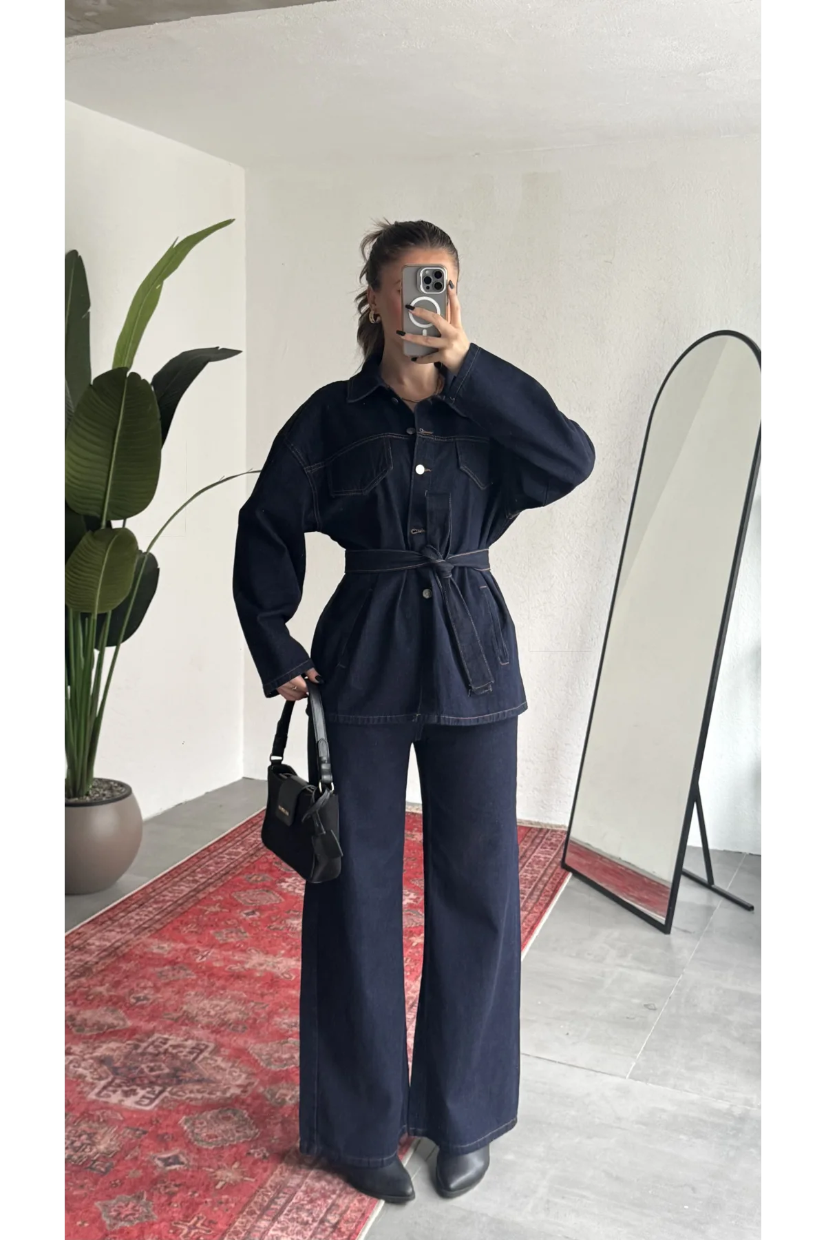 Kadın Lacivert Viral Kot Takım Oversize Gömlek Wide Leg Pantolon Kemerli Jean İkili Set