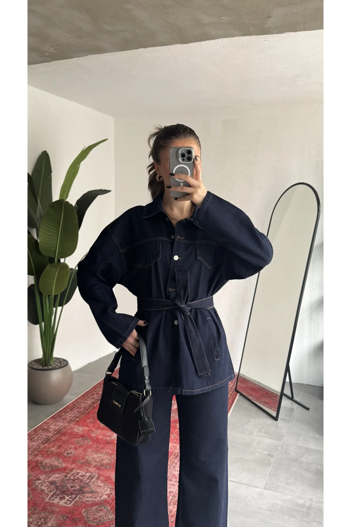 Kadın Lacivert Viral Kot Takım Oversize Gömlek Wide Leg Pantolon Kemerli Jean İkili Set