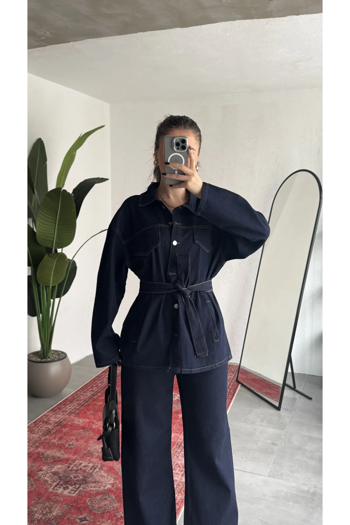Kadın Lacivert Viral Kot Takım Oversize Gömlek Wide Leg Pantolon Kemerli Jean İkili Set