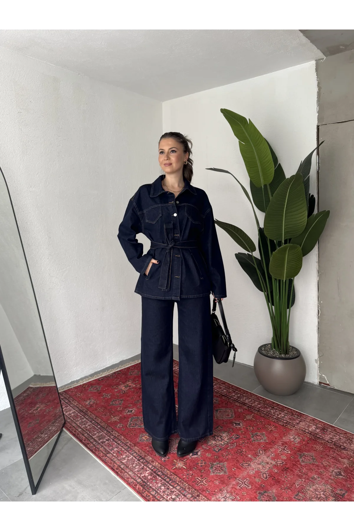 Kadın Lacivert Viral Kot Takım Oversize Gömlek Wide Leg Pantolon Kemerli Jean İkili Set