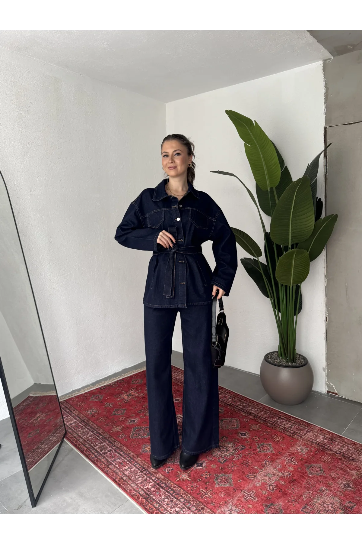 Kadın Lacivert Viral Kot Takım Oversize Gömlek Wide Leg Pantolon Kemerli Jean İkili Set