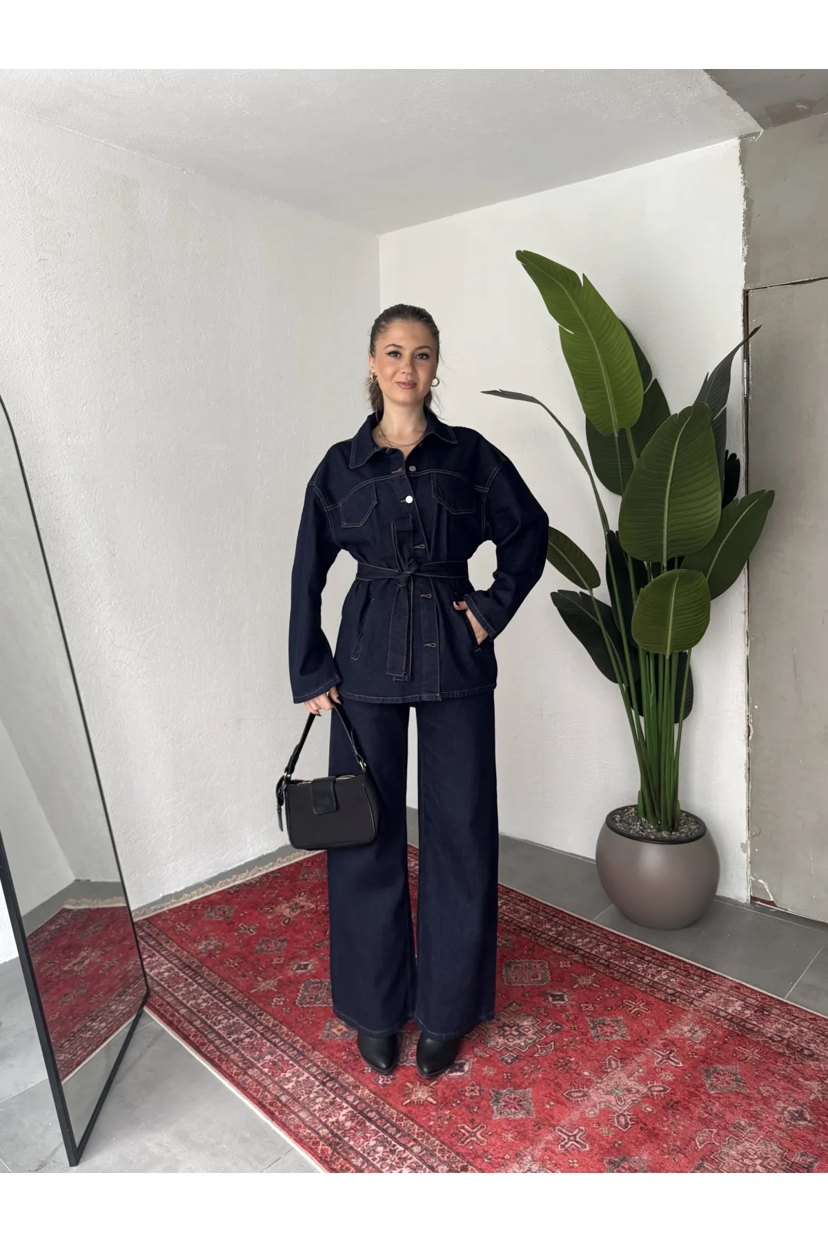 Kadın Lacivert Viral Kot Takım Oversize Gömlek Wide Leg Pantolon Kemerli Jean İkili Set
