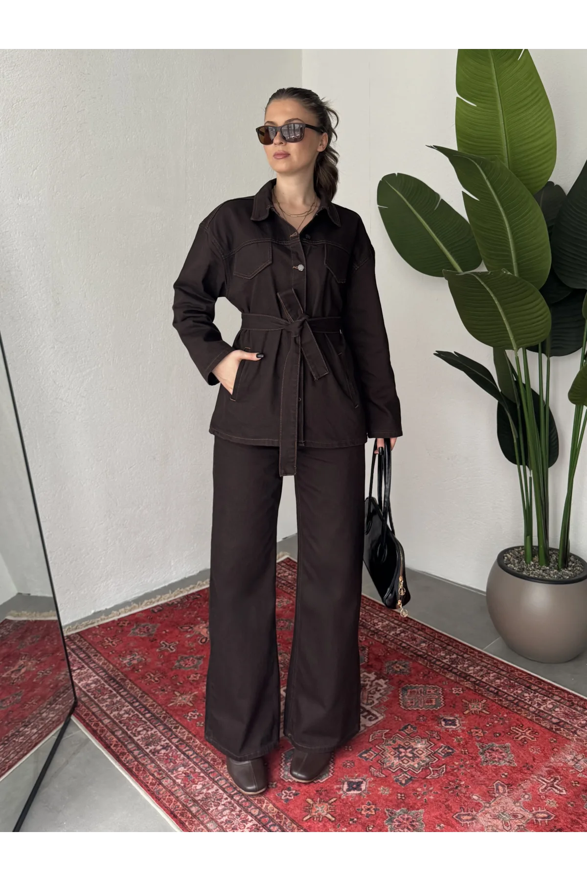 Kadın Kahve Viral Kot Takım Oversize Gömlek Wide Leg Pantolon Kemerli Jean İkili Set