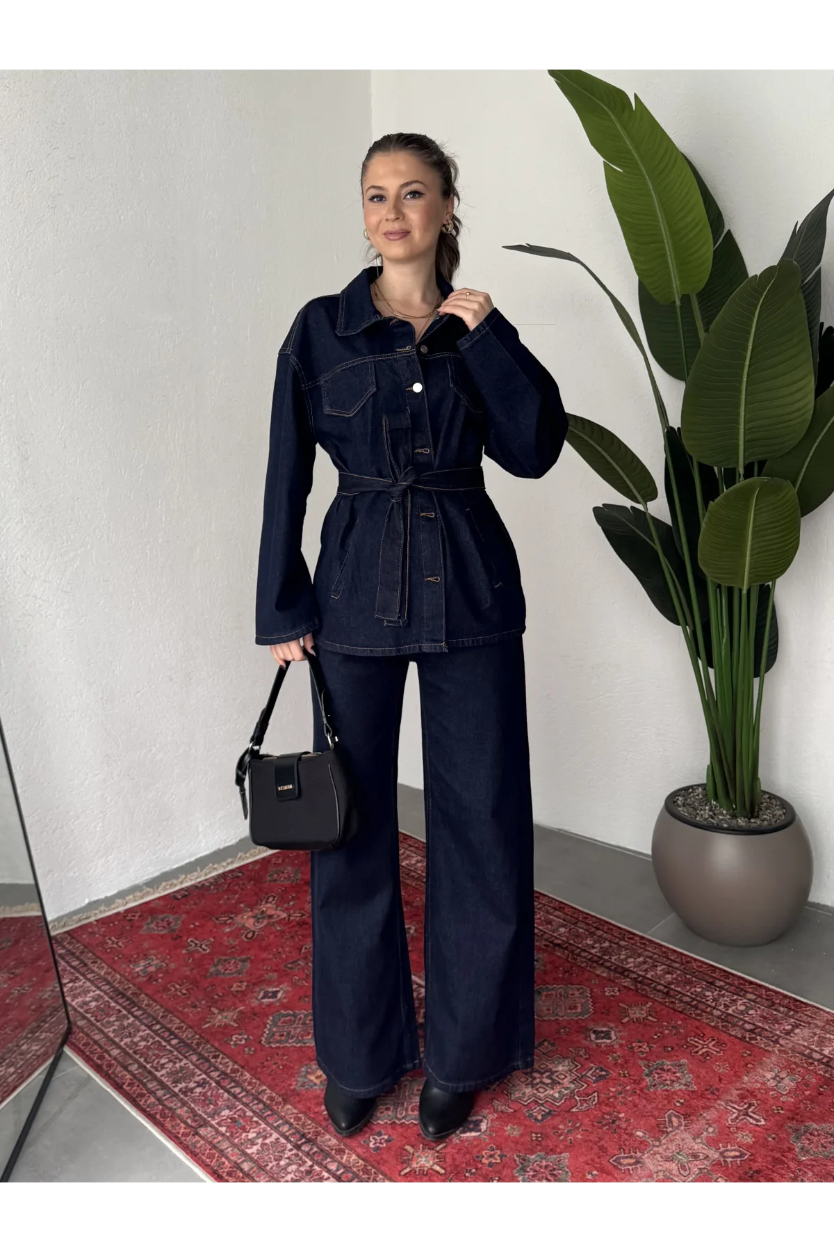Kadın Lacivert Viral Kot Takım Oversize Gömlek Wide Leg Pantolon Kemerli Jean İkili Set