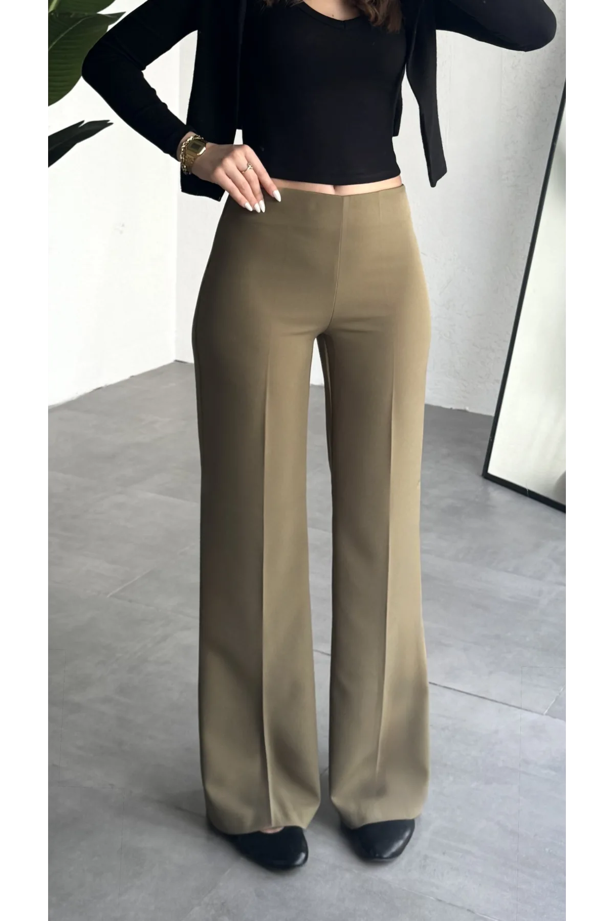 Kadın Haki Yüksek Bel Bol Paça Kumaş Pantolon Toparlayıcı Ofis Günlük Şık Palazzo Pantolon