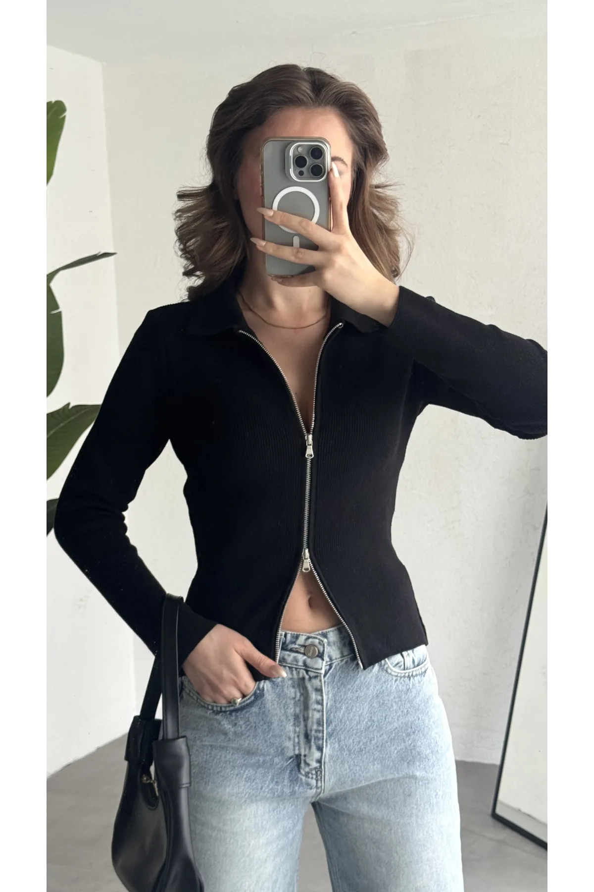 Kadın Siyah Fitilli Triko Hırka Fermuarlı Polo Yaka Basic Uzun Kollu