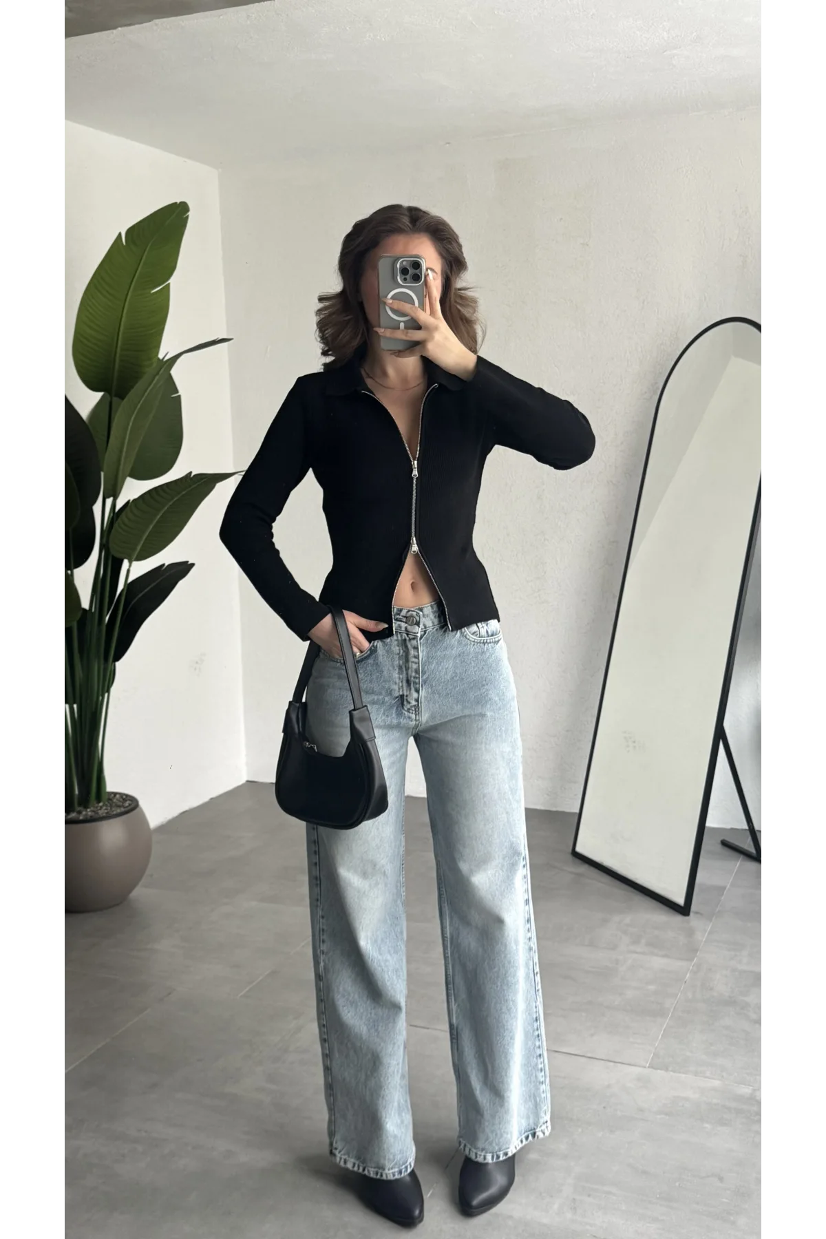 Kadın Siyah Fitilli Triko Hırka Fermuarlı Polo Yaka Basic Uzun Kollu