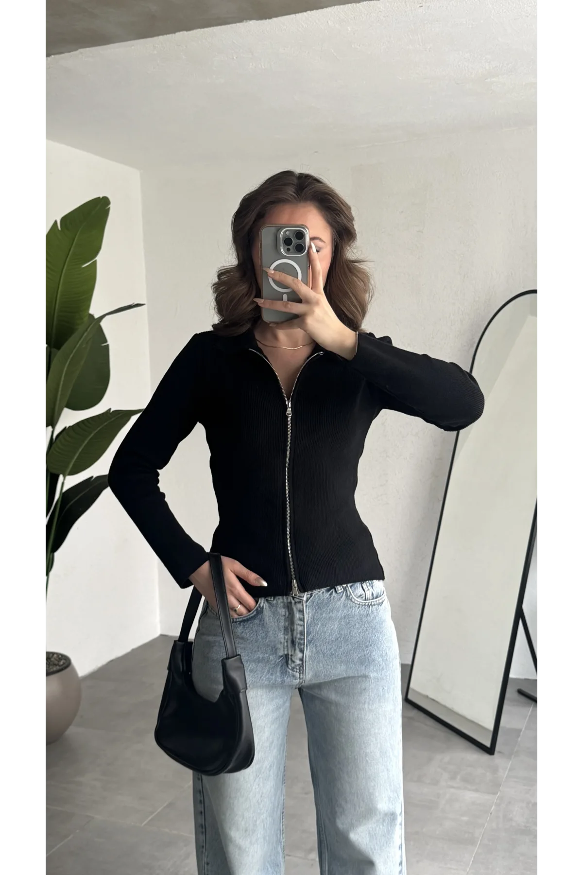 Kadın Siyah Fitilli Triko Hırka Fermuarlı Polo Yaka Basic Uzun Kollu