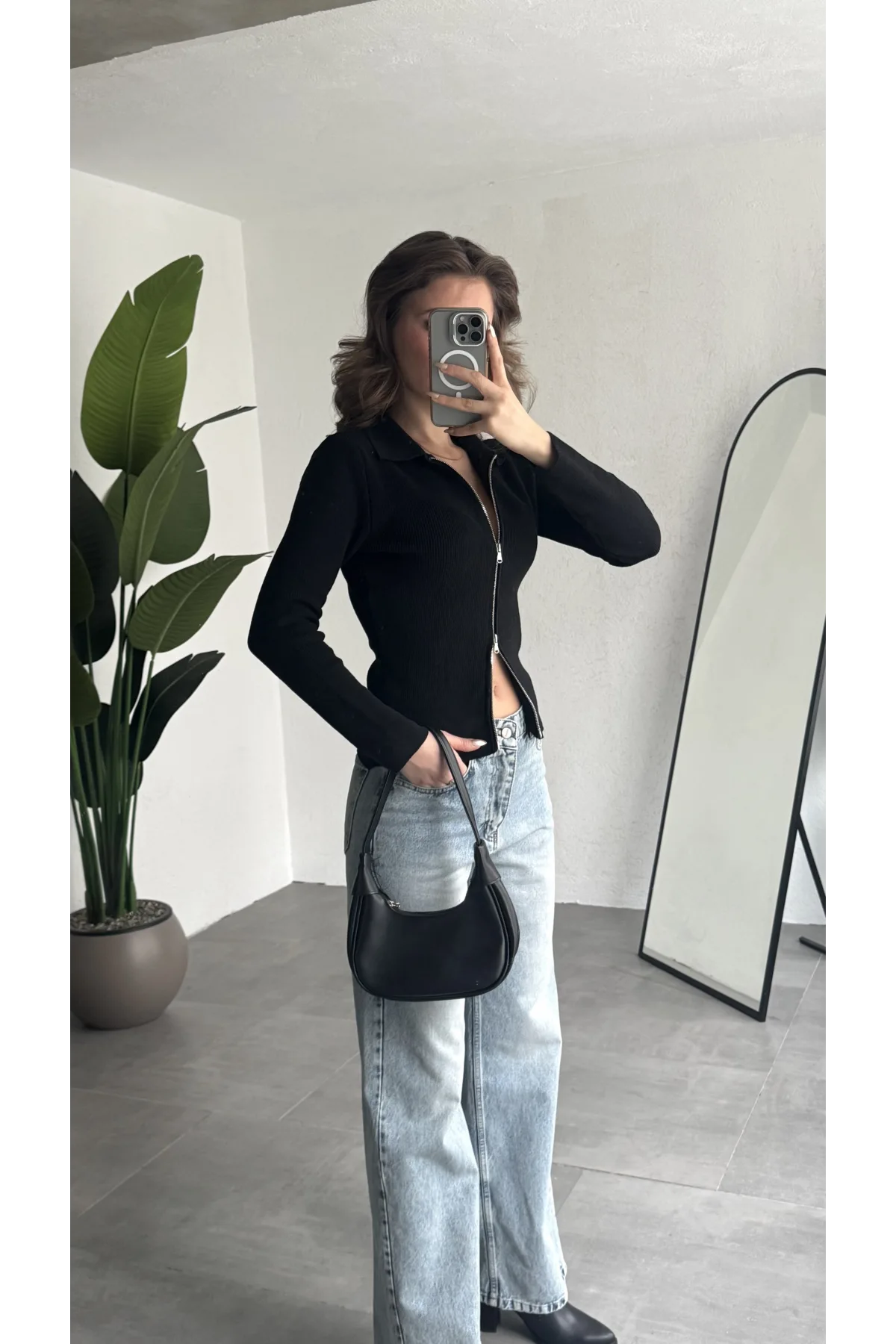 Kadın Siyah Fitilli Triko Hırka Fermuarlı Polo Yaka Basic Uzun Kollu