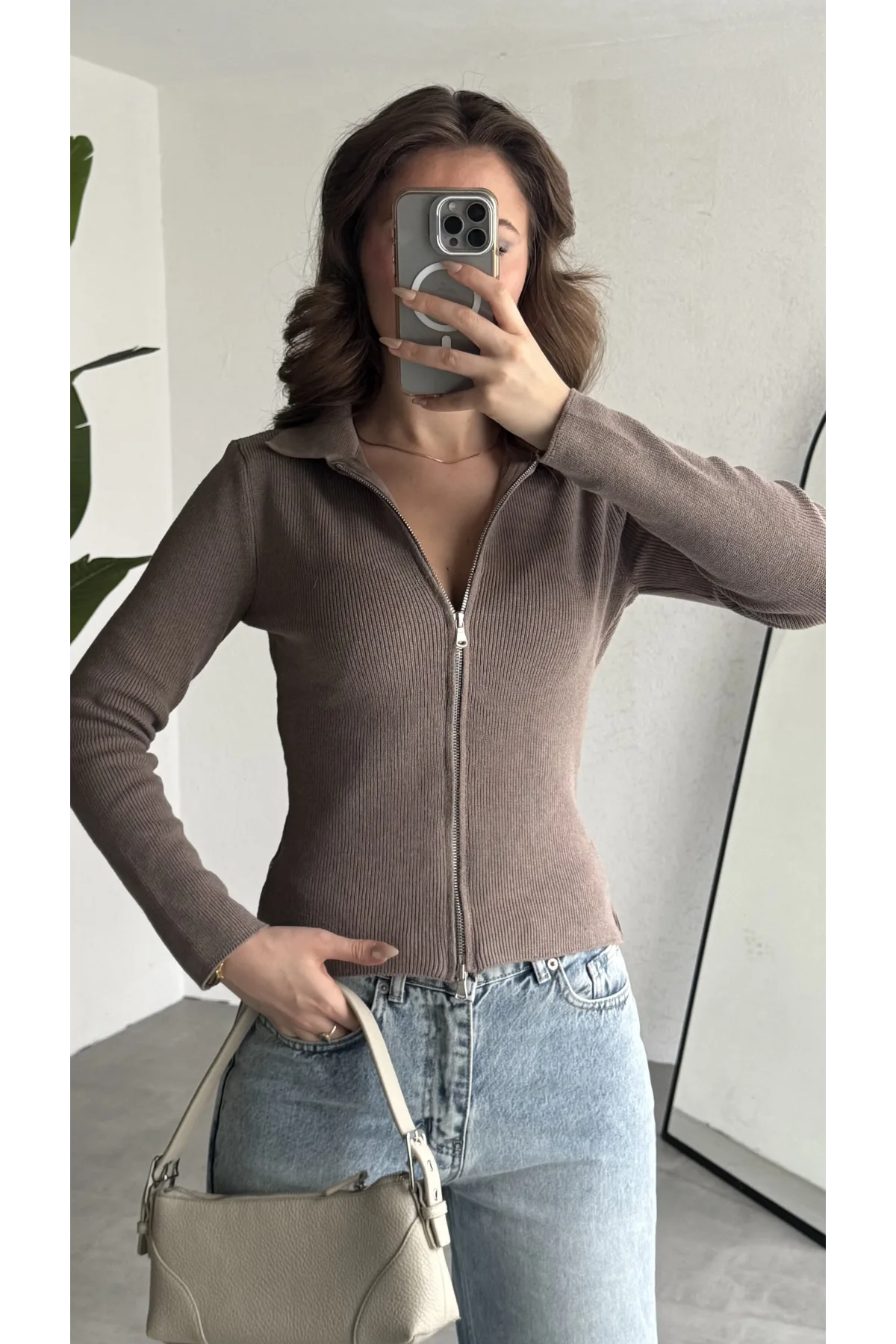 Kadın Vizon Fitilli Triko Hırka Fermuarlı Polo Yaka Basic Uzun Kollu