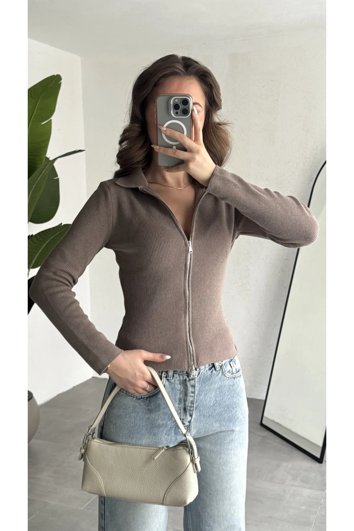 Kadın Vizon Fitilli Triko Hırka Fermuarlı Polo Yaka Basic Uzun Kollu