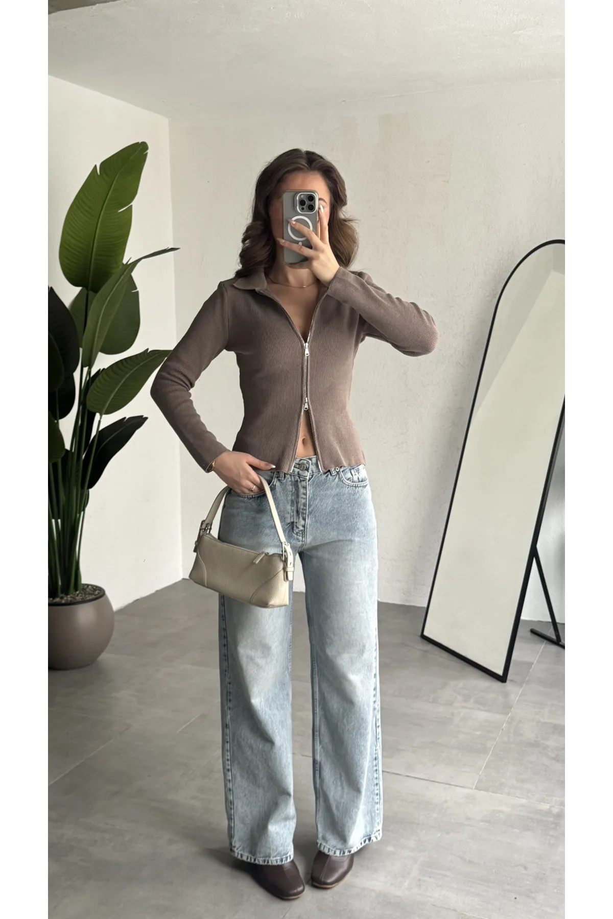 Kadın Vizon Fitilli Triko Hırka Fermuarlı Polo Yaka Basic Uzun Kollu