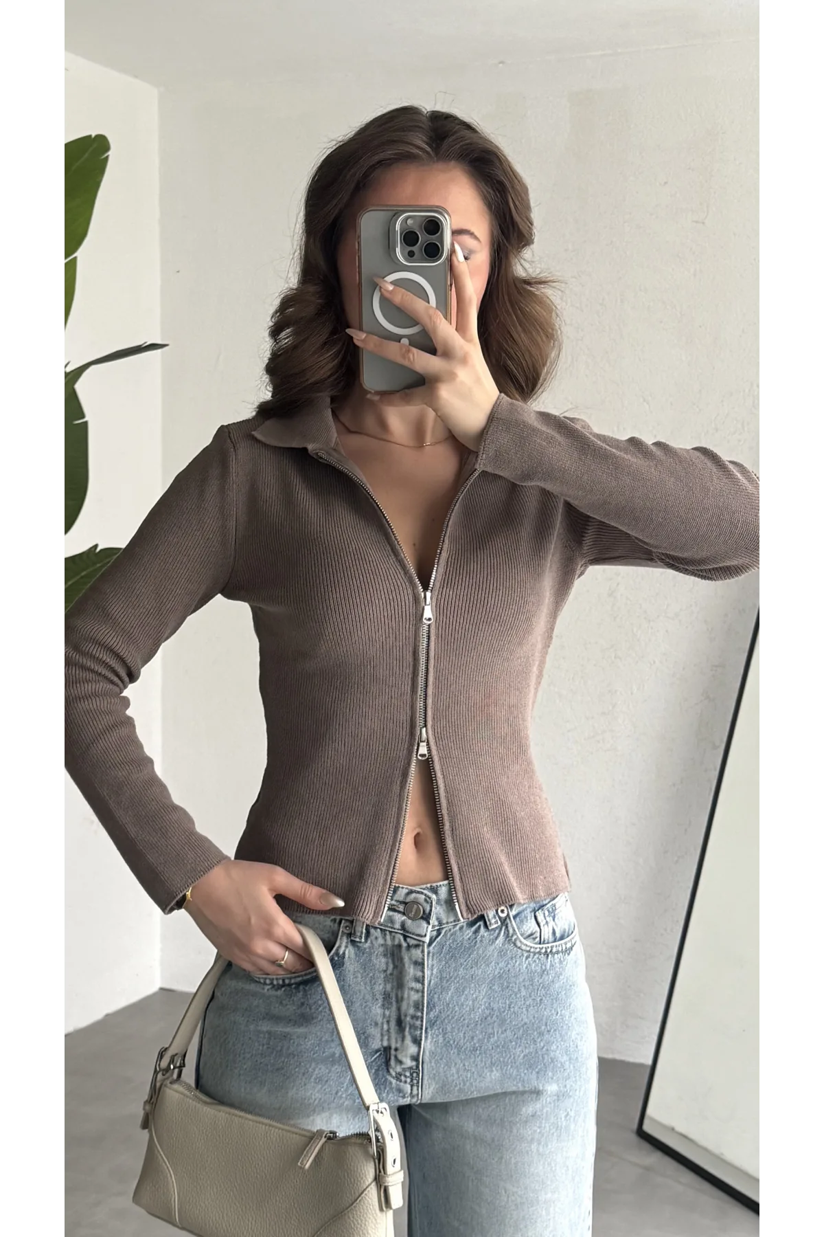 Kadın Vizon Fitilli Triko Hırka Fermuarlı Polo Yaka Basic Uzun Kollu