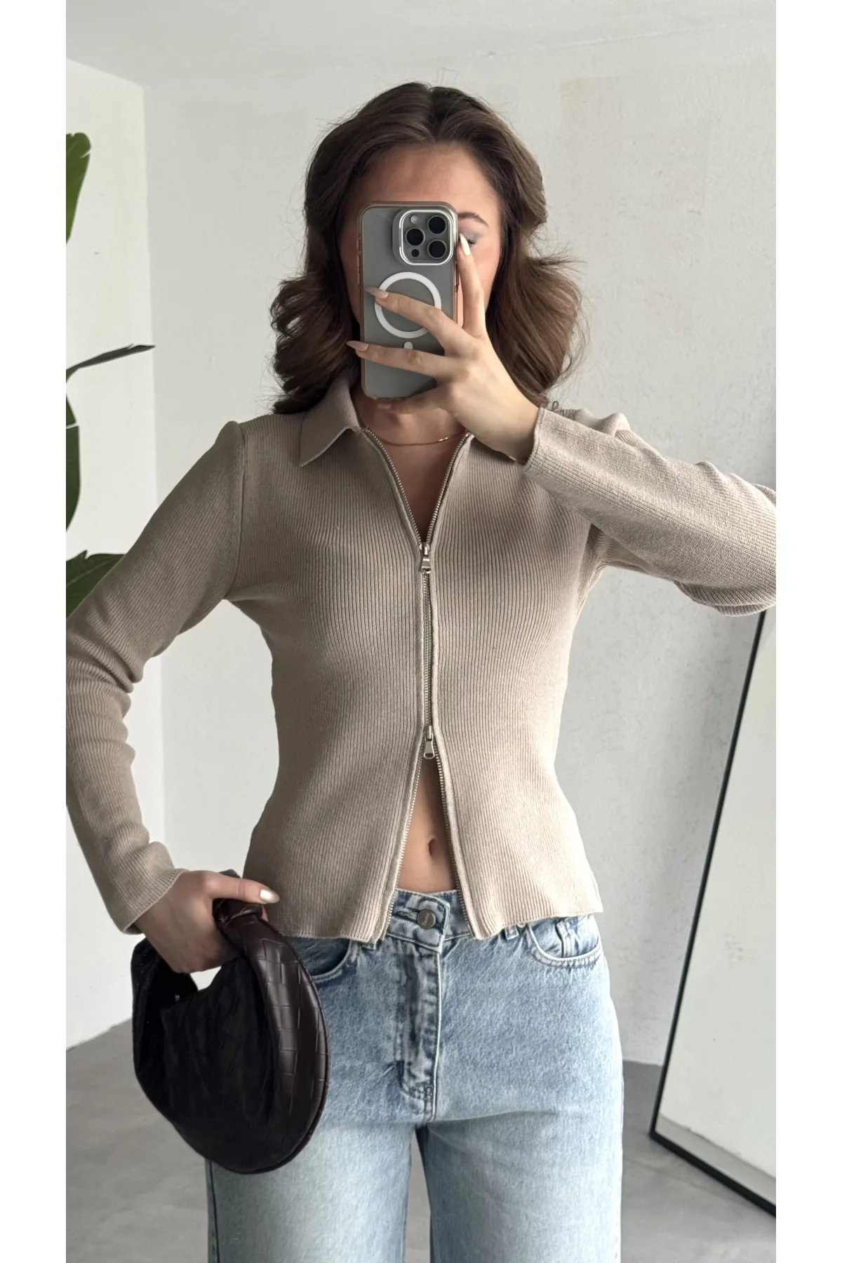 Kadın Krem Fitilli Triko Hırka Fermuarlı Polo Yaka Basic Uzun Kollu