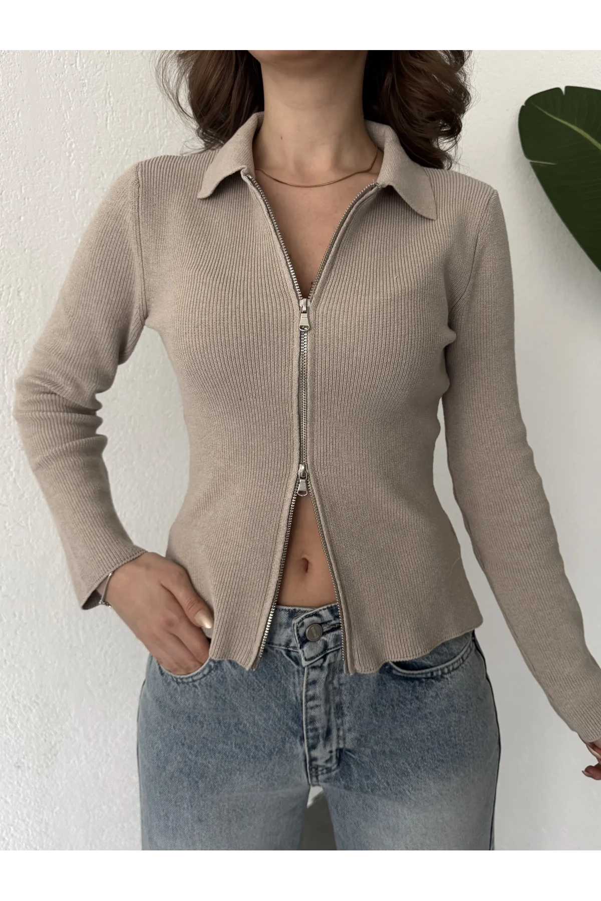 Kadın Krem Fitilli Triko Hırka Fermuarlı Polo Yaka Basic Uzun Kollu