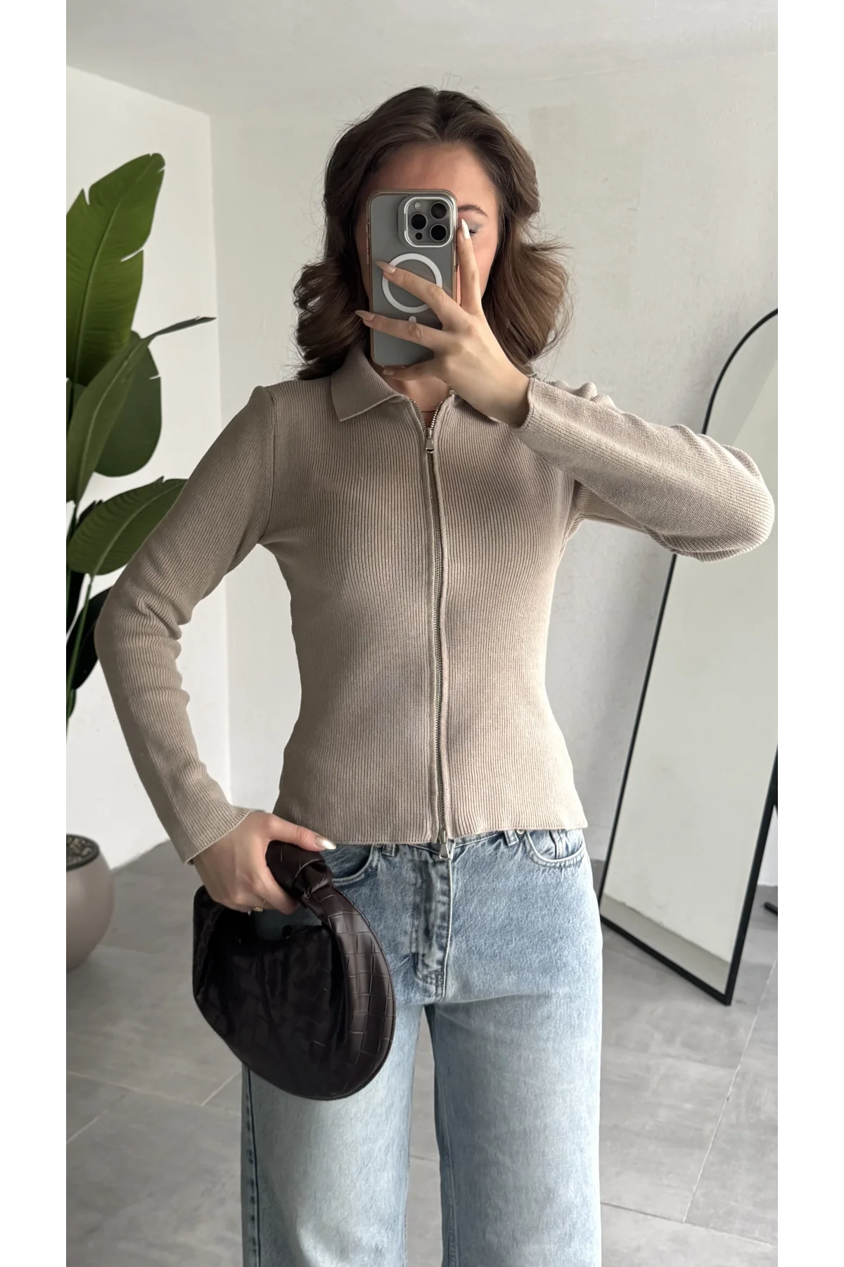 Kadın Krem Fitilli Triko Hırka Fermuarlı Polo Yaka Basic Uzun Kollu