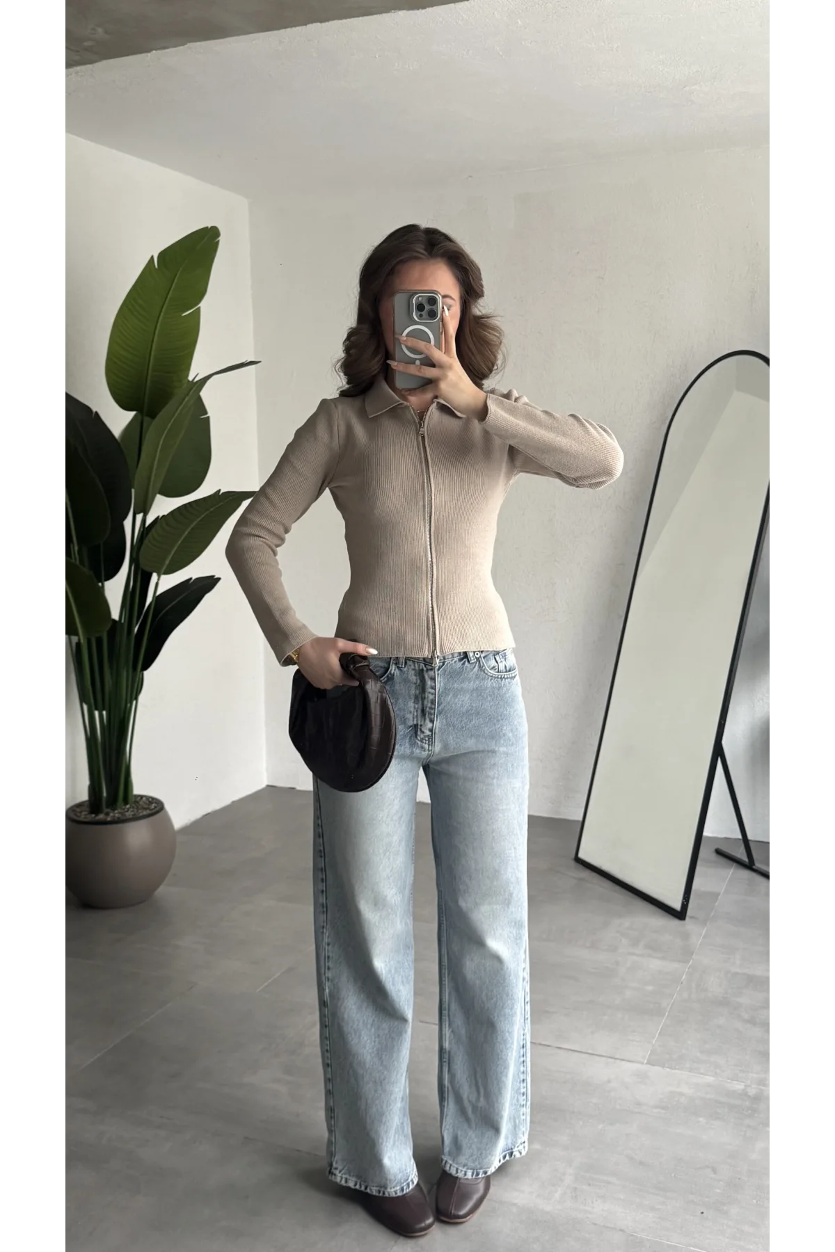 Kadın Krem Fitilli Triko Hırka Fermuarlı Polo Yaka Basic Uzun Kollu