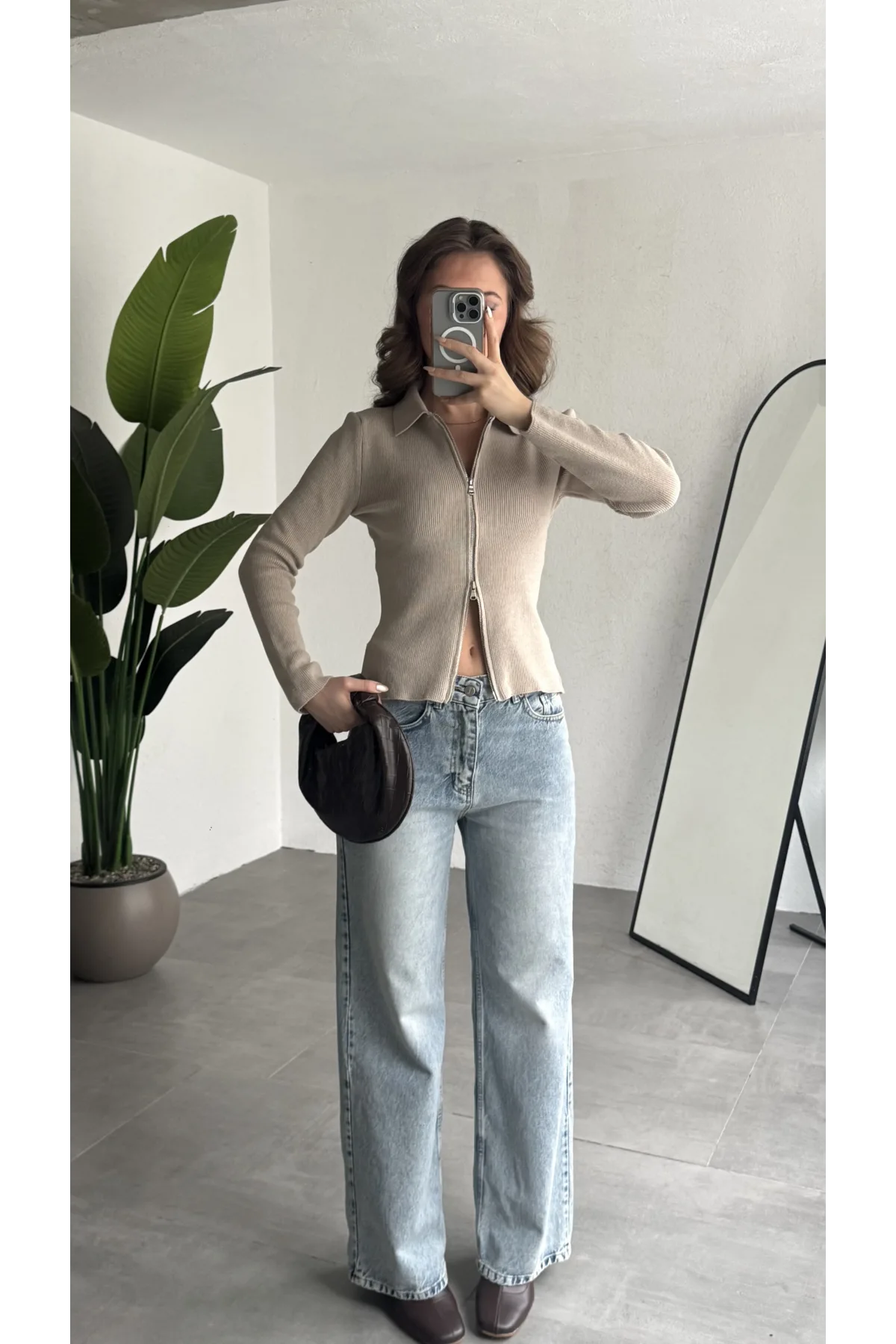 Kadın Krem Fitilli Triko Hırka Fermuarlı Polo Yaka Basic Uzun Kollu