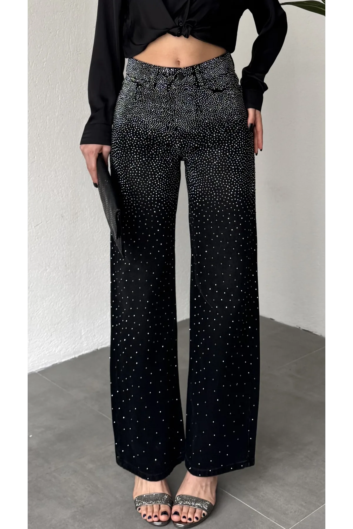 Kadın Siyah Taşlı Wide Leg Jean Pantolon Yüksek Bel Bol Paça Denim