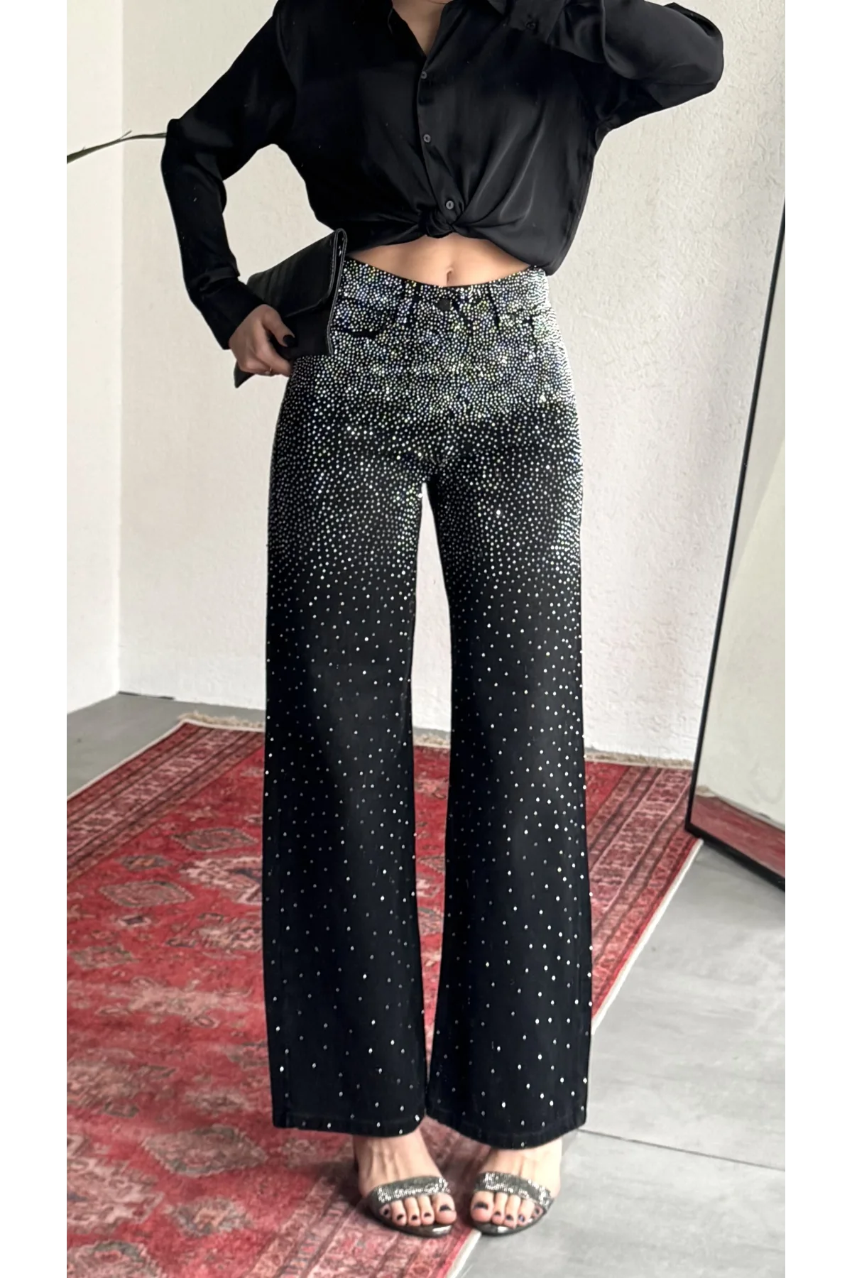 Kadın Siyah Taşlı Wide Leg Jean Pantolon Yüksek Bel Bol Paça Denim