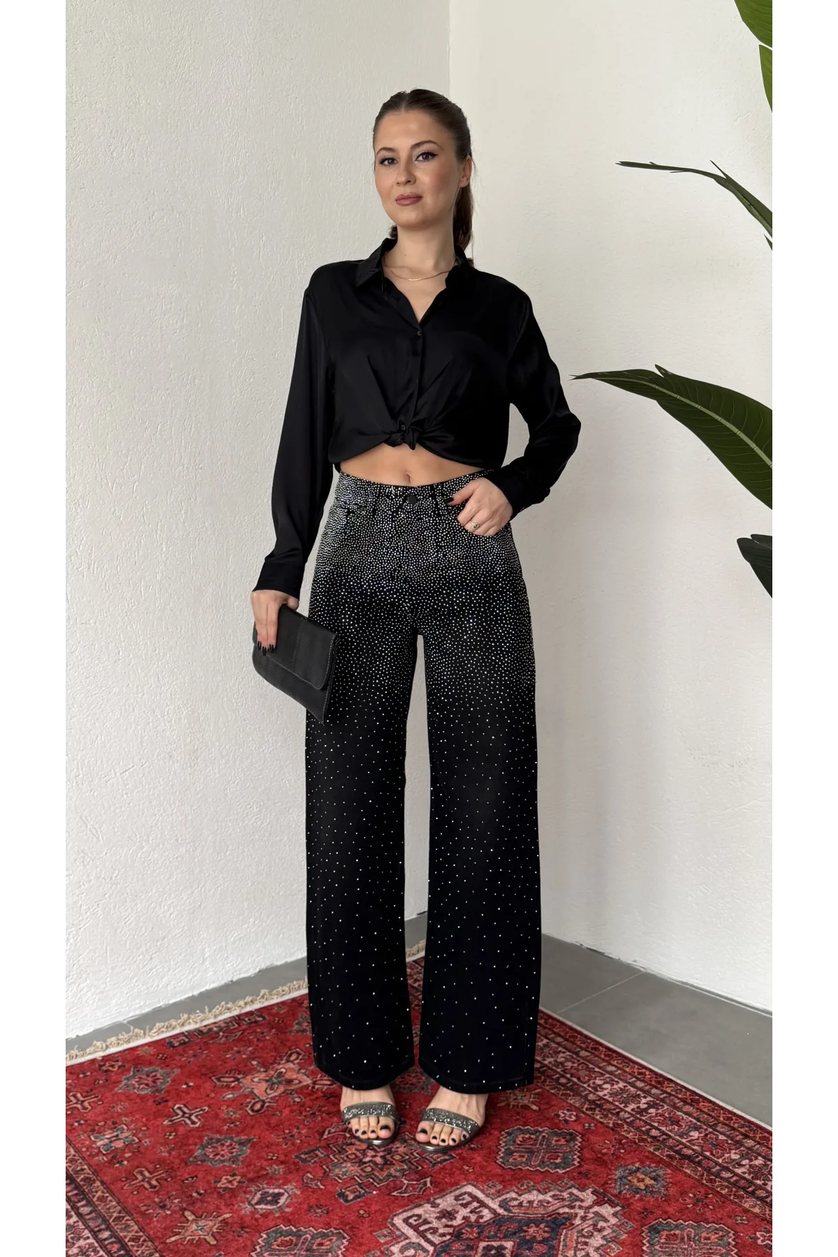 Kadın Siyah Taşlı Wide Leg Jean Pantolon Yüksek Bel Bol Paça Denim